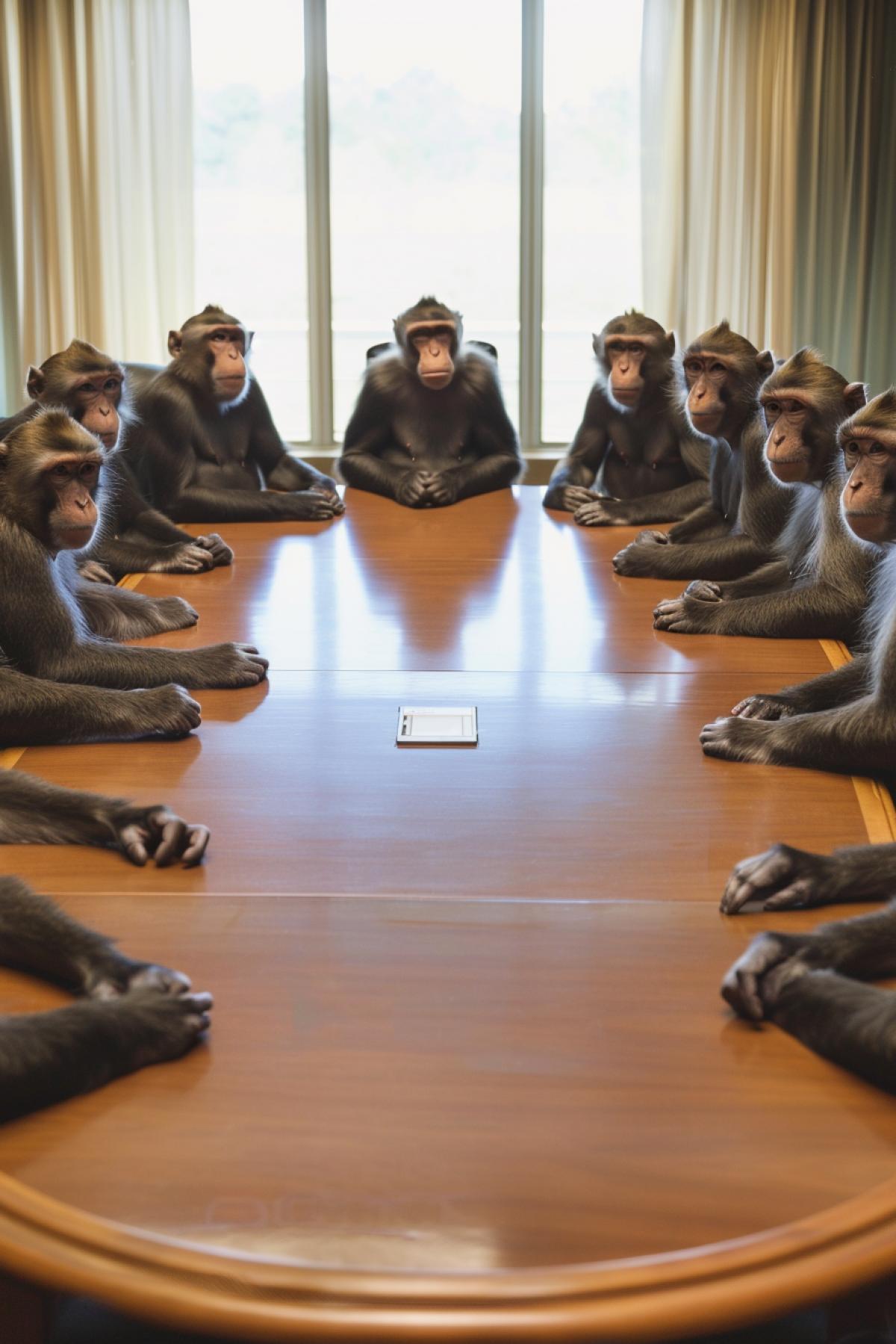 Monkeys sit at a meeting around a round table, high quality photo