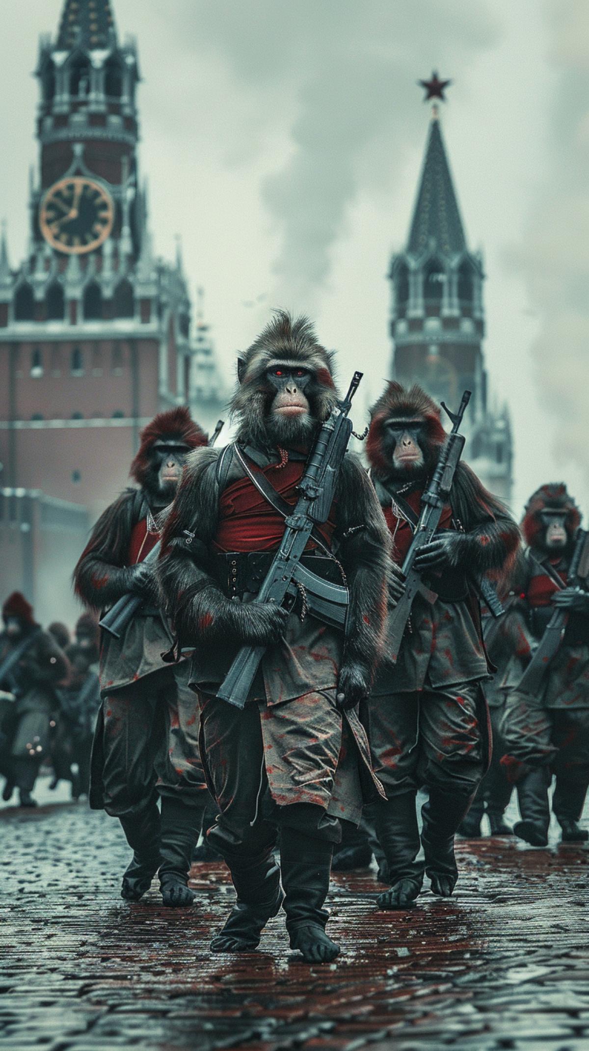 Monkeys in ammunition with weapons march on Red Square, photograph cinematic effect