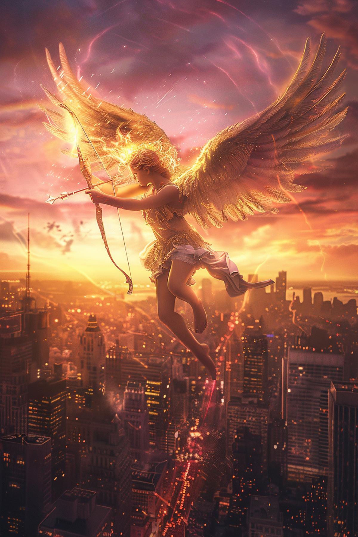 A majestic Cupid with radiant, golden wings hovering above a ling cityscape at sunset. The Cupid, adorned with a shimmering, silver quiver and bow, takes aim with a glowing arrow. Below, the citys buildings reflect the warm, orange and pink hues of the sky. People on the streets look up in awe, their faces illuminated by the Cupids ethereal glow. The vertical com4k emphasizes the Cupids divine presence against the backdrop of the city.