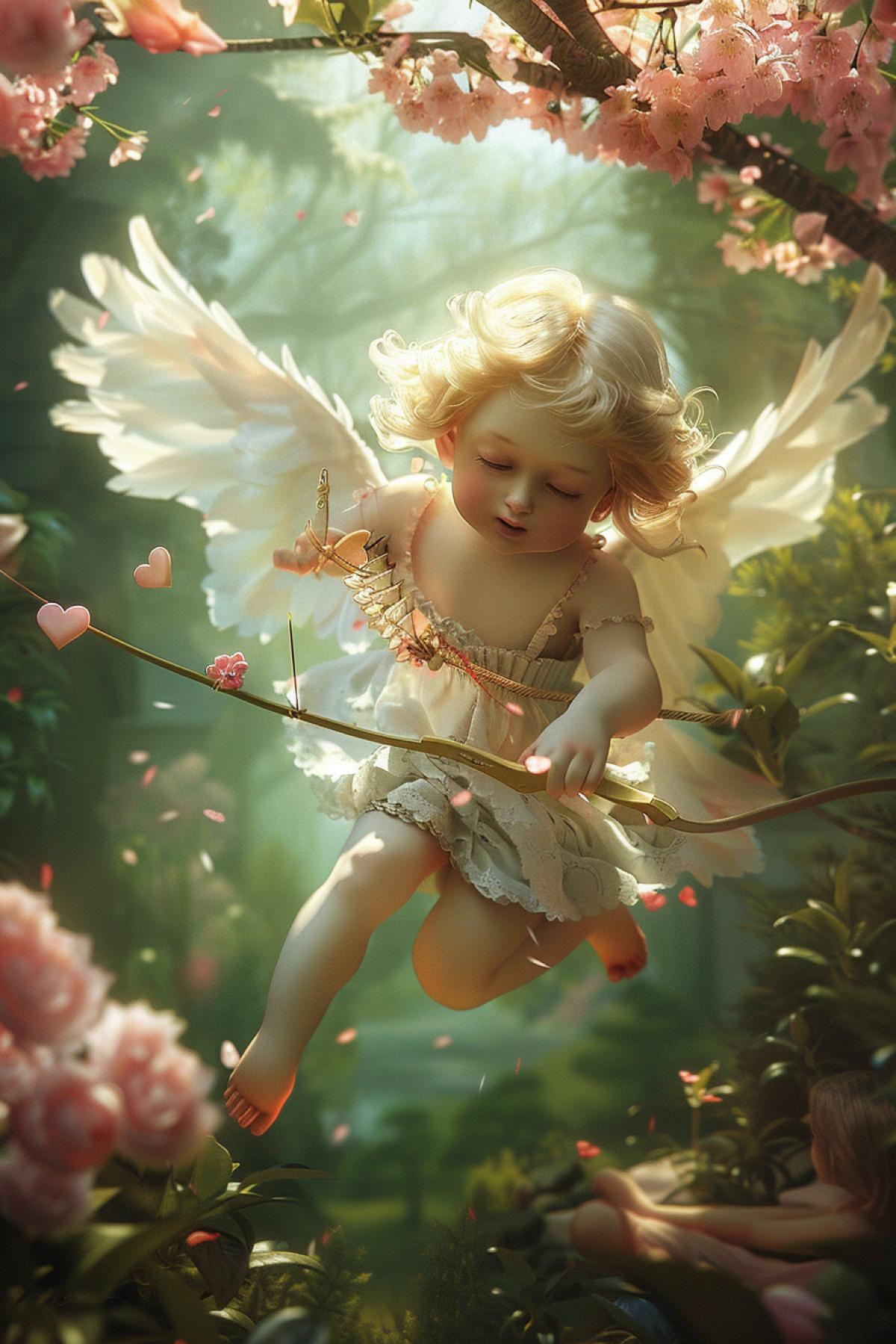 A classic Cupid with chubby cheeks and white, feathery wings, hovering above a romantic garden. The Cupid, a cherubic child with a golden bow and a quiver of heart-tipped arrows, aims at a couple sitting on a bench under a blooming cherry blossom tree. The garden is filled with vibrant flowers and lush greenery, with soft sunlight filtering through the leaves, creating a serene and enchanting atmosphere.