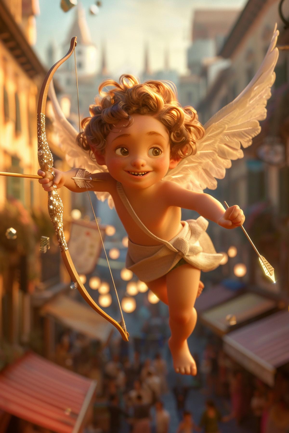 A charming Cupid with curly hair and small, delicate wings, flying over a lively city square. The Cupid, a playful child with a mischievous smile, draws a sparkling arrow from his quiver and aims at a pair of strangers about to meet. The square is ling with people, street performers, and market stalls, with the warm glow of the afternoon sun illuminating the scene, highlighting the moment of impending connection.