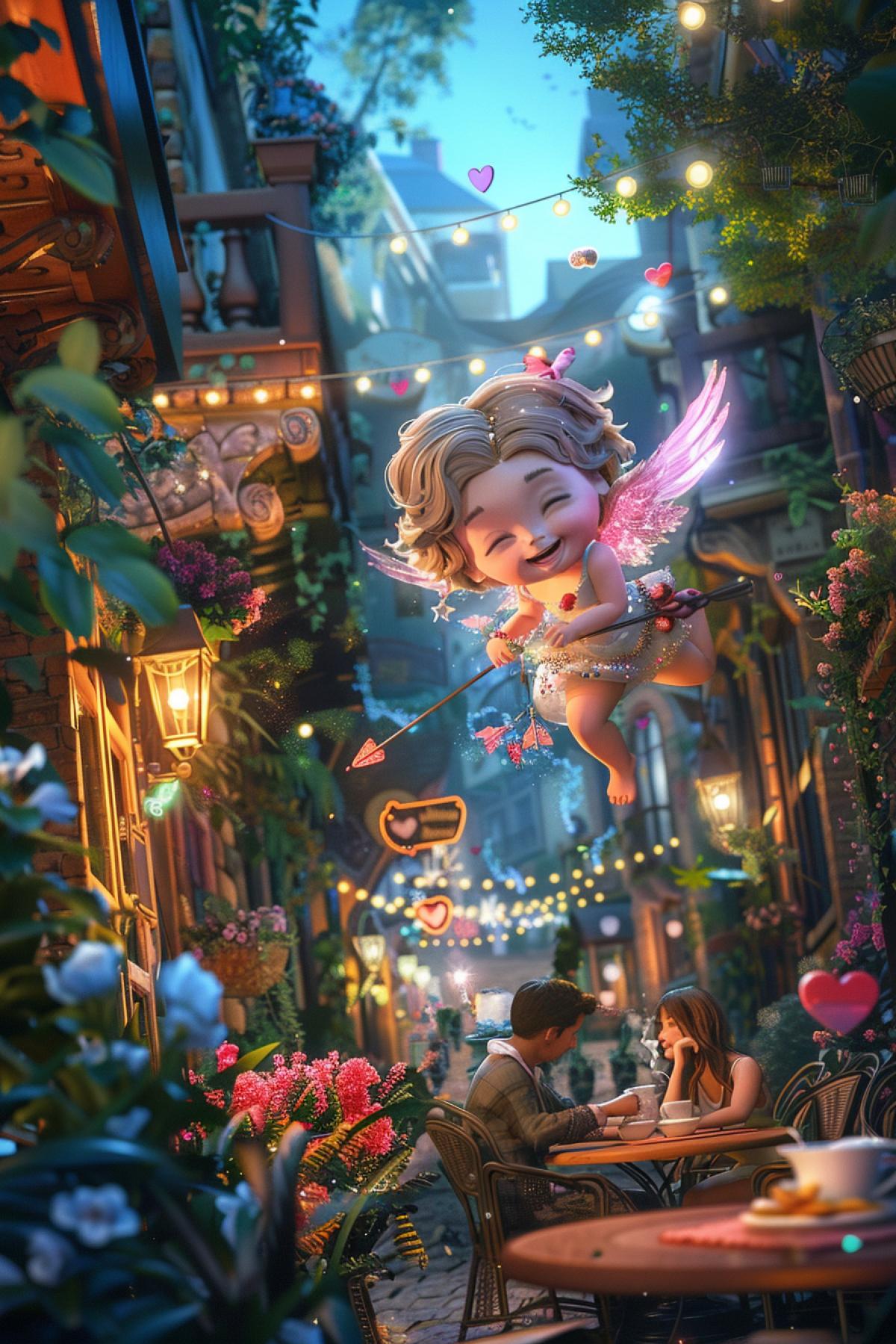 An adorable Cupid with rosy cheeks and tiny wings, floating above a cozy café on a quaint street. The Cupid, holding a shiny bow and a quiver full of love arrows, takes aim at a couple sharing a laugh over coffee. The café’s outdoor seating is surrounded by colorful flowers and fairy lights, with a gentle breeze rustling the leaves of nearby trees. The vertical com4k captures the Cupid’s enchanting presence and the charming, 4k setting.