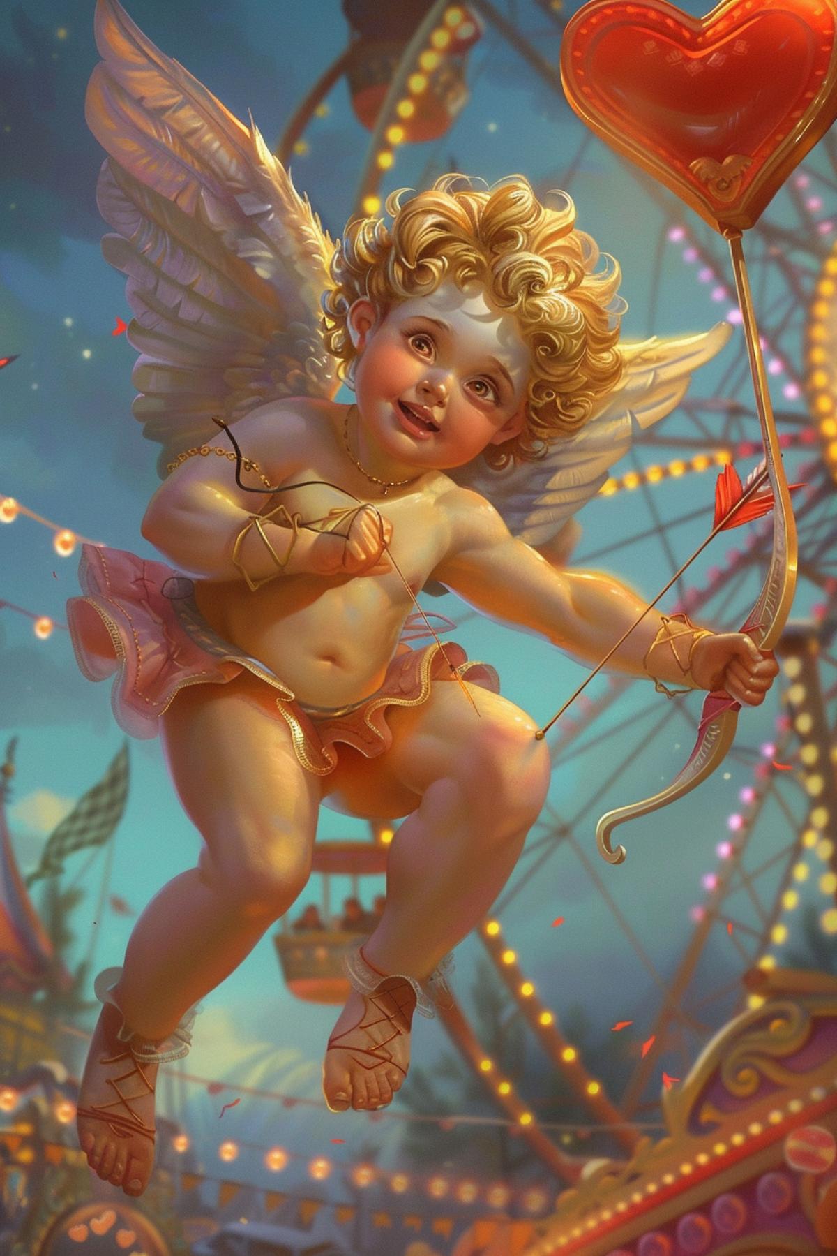 A delightful Cupid with golden curls and delicate wings, soaring above a whimsical carnival. The Cupid, a joyful cherub with a twinkling smile, readies a heart-shaped arrow, targeting a couple riding a Ferris wheel. The carnival is alive with vibrant colors, twinkling lights, and cheerful music. The vertical com4k captures the Cupid’s playful nature and the enchanting atmosphere of the carnival, highlighting the magical moment of love in the air.