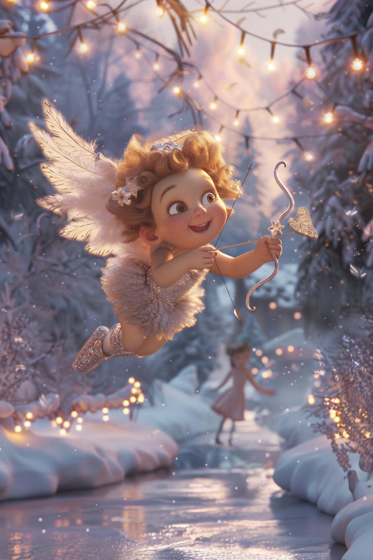 A sweet Cupid with soft, rosy cheeks and fluttering wings, gliding through an enchanting winter wonderland. The Cupid, a cheerful child with a sparkling bow and heart-tipped arrows, aims at a couple ice skating on a frozen pond. Snow-covered trees and fairy lights surround the scene, creating a magical and cozy atmosphere. The vertical com4k emphasizes the Cupid’s presence and the romantic, snowy setting, capturing the warmth and joy of love in winter.