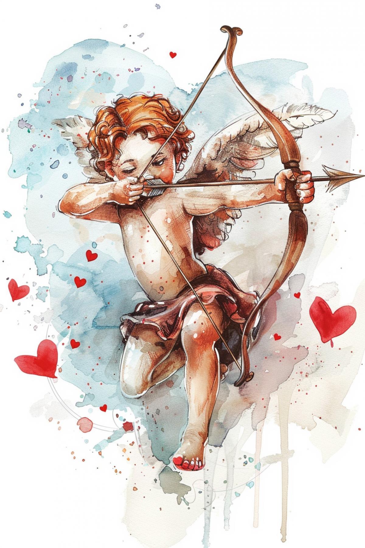 Cupid shoots an arrow from a bow into the hearts of lovers, watercolor style