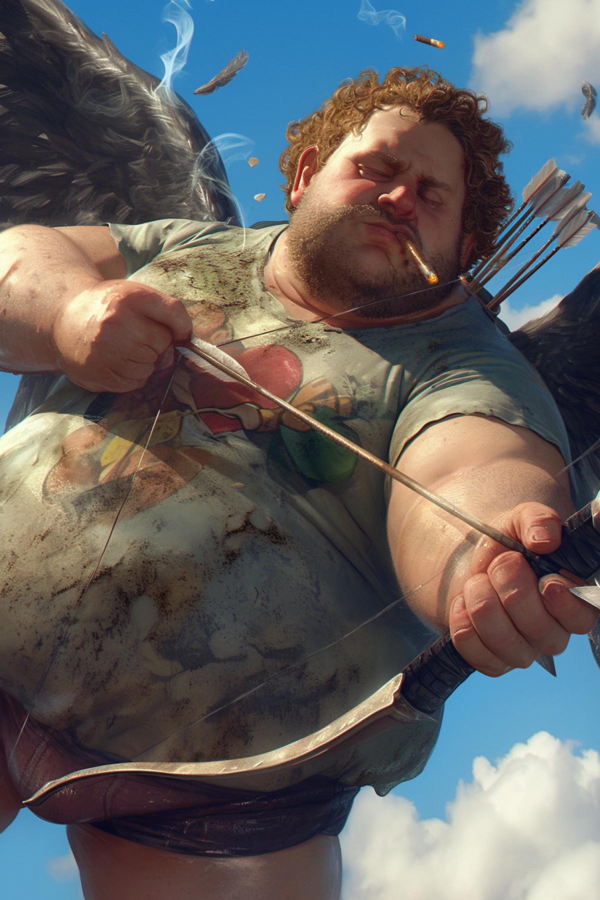 fat tired man in a dirty T-shirt, in the image of Cupid, holding cupids bow and arrow, unshaven, cigarette in his teeth, tired Cupid, flying through the sky, tired old fat Cupid, highly detailed, packed with hidden details, style, high dynamic range, hyper realistic, realistic attention to detail, highly detailed, 32K, intense close ups, uhd image, realism, colorful realism