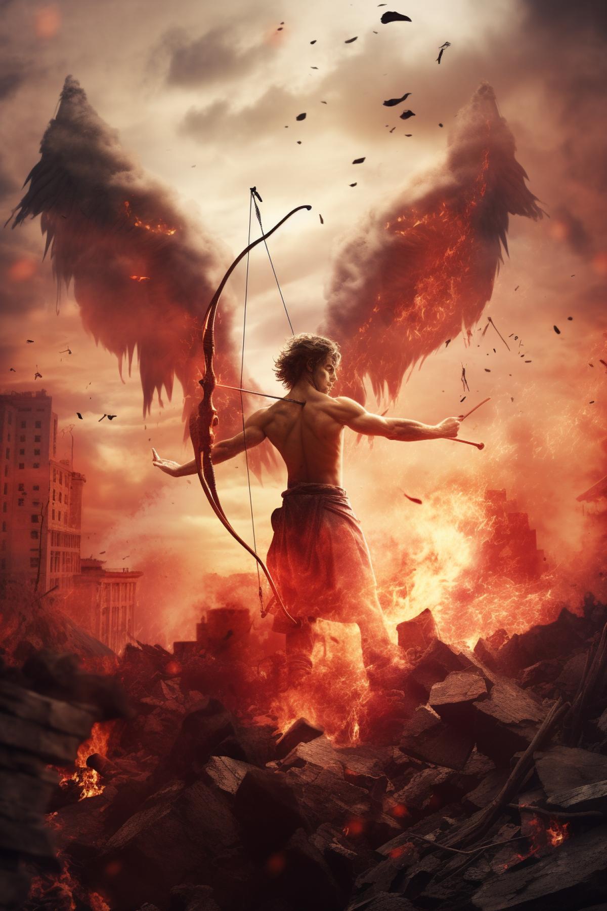 the devil in the guise of Cupid is trying to destroy the world with his destructive bow and poisonous arrows against the backdrop of a destroyed, burning city and people screaming in