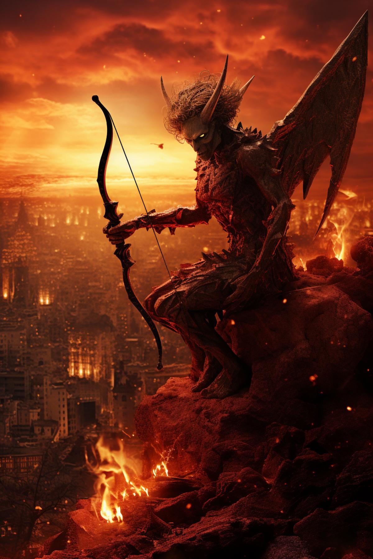 the devil in the guise of Cupid is trying to destroy the world with his destructive bow and poisonous arrows against the backdrop of a destroyed, burning city and people screaming in
