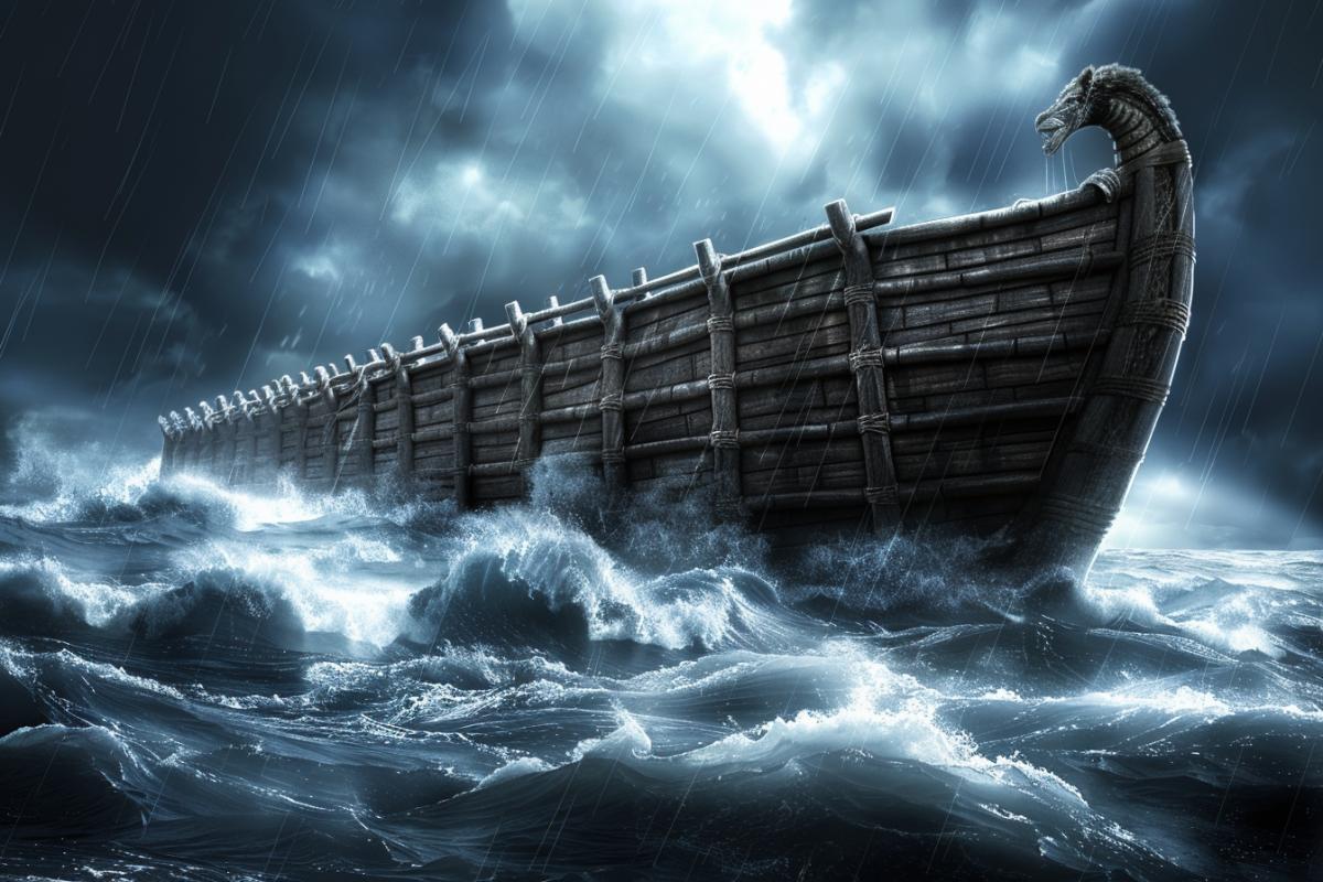An Aivazovsky-style global flood. Noahs Ark in the raging ocean. Giant waves. No people.