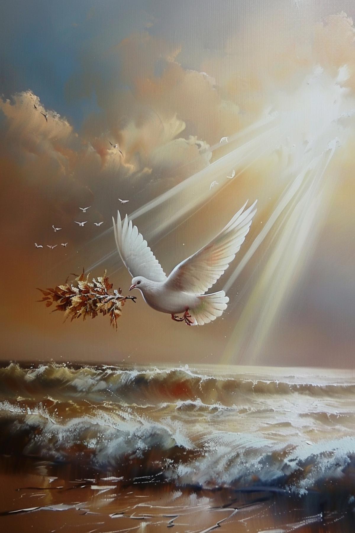 A white dove is flying in the rays of the rising sun, carrying a branch with leaves in its beak. The ocean is in the background.