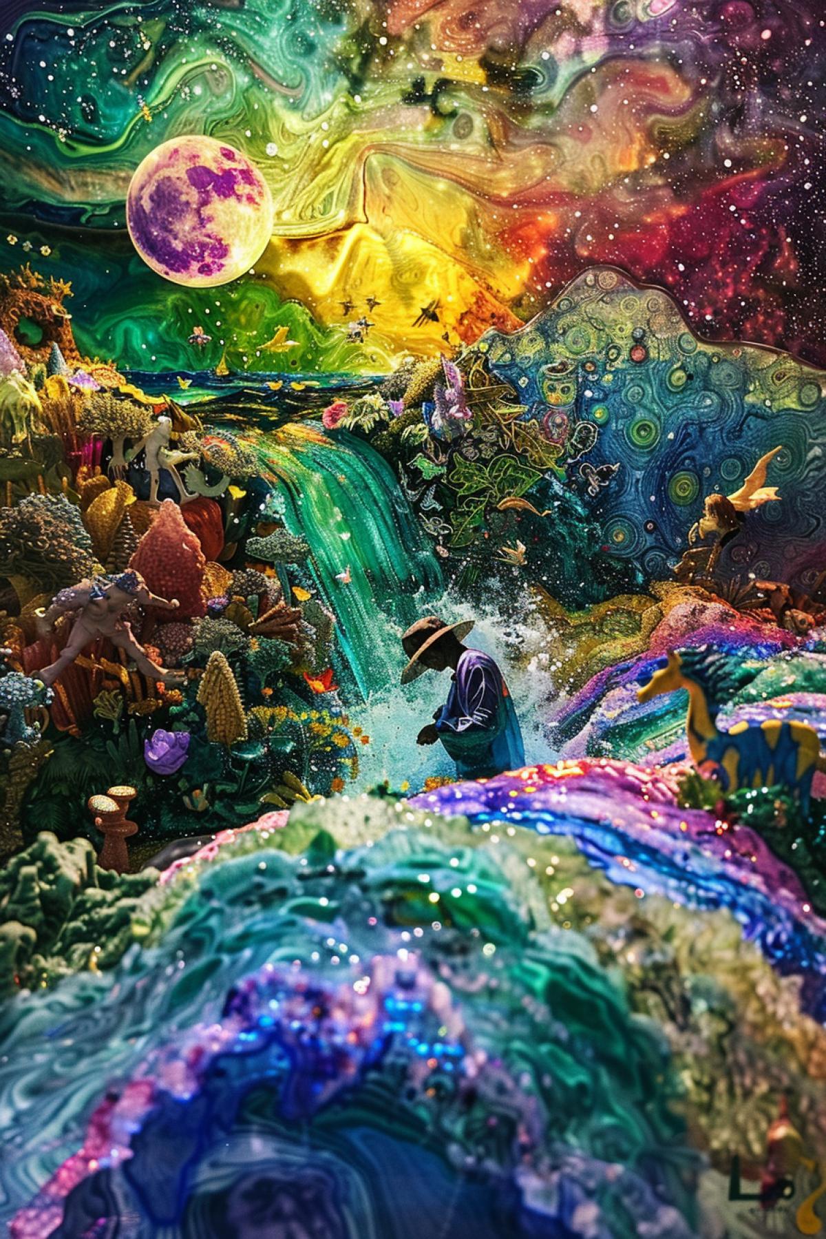 Flood, mythology, parallel world, 5d image, parallel world, maximalism, bright and rich colors