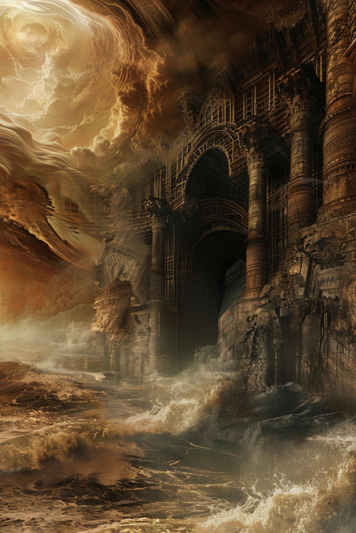 Flood, biblical scene, Giger style ark