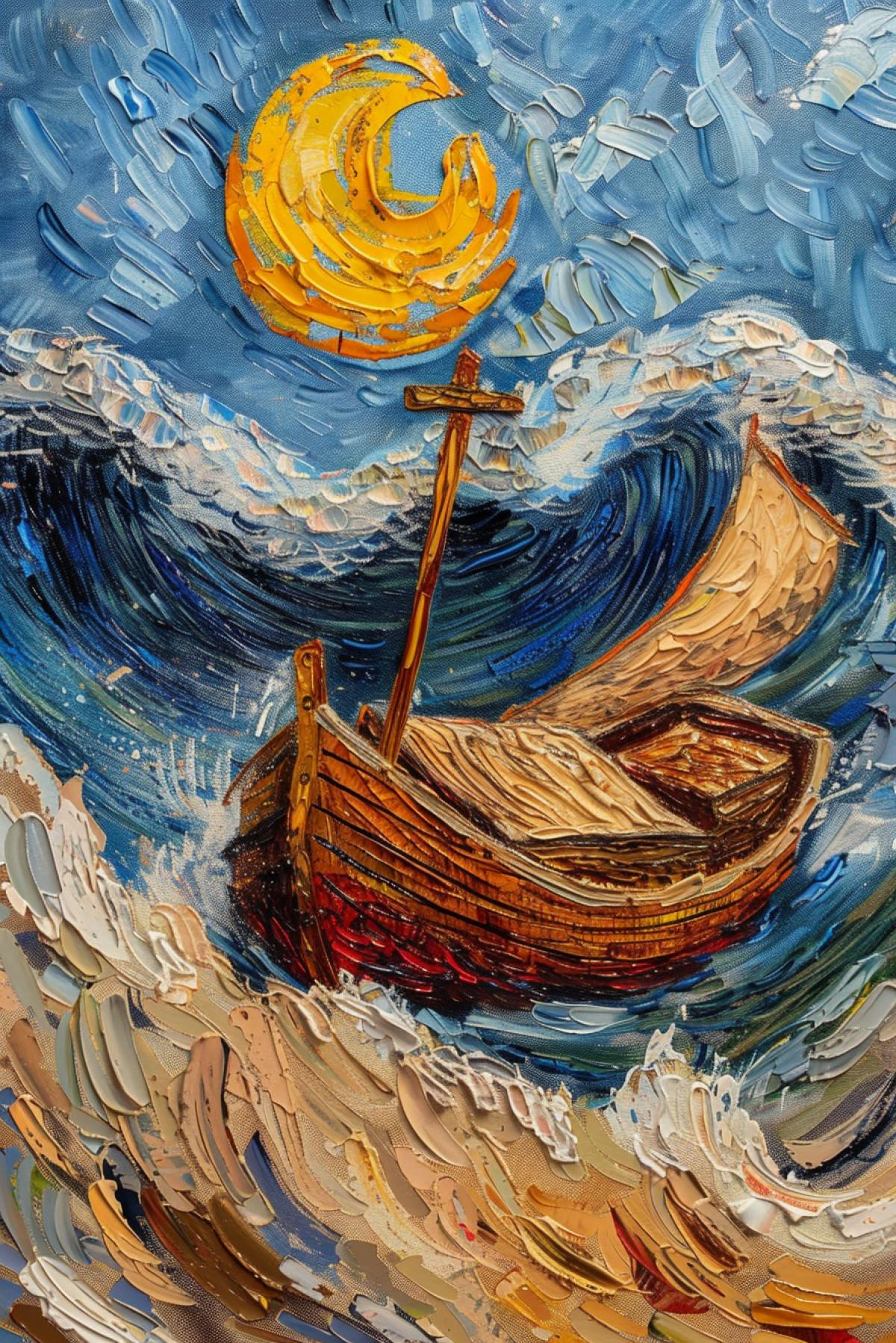 Flood, biblical scene, ark in Van Gogh style