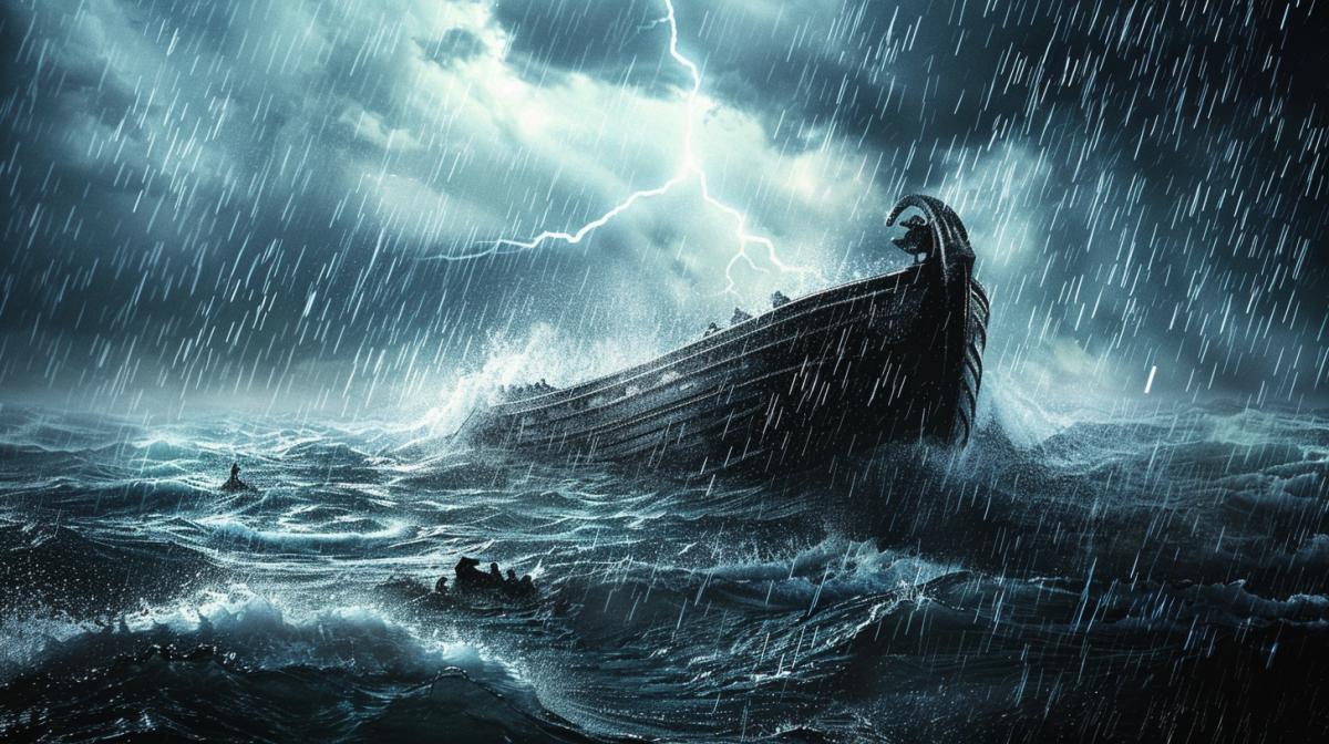 Noahs Ark in the stormy sea, rain pouring down on it, dark clouds overhead, animals floating around, biblical narrative
