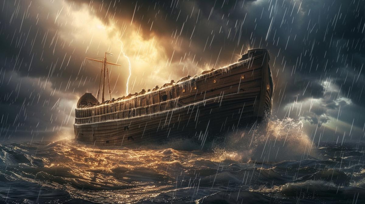 Noahs Ark in the stormy sea, rain pouring down on it, dark clouds overhead, animals floating around, biblical narrative