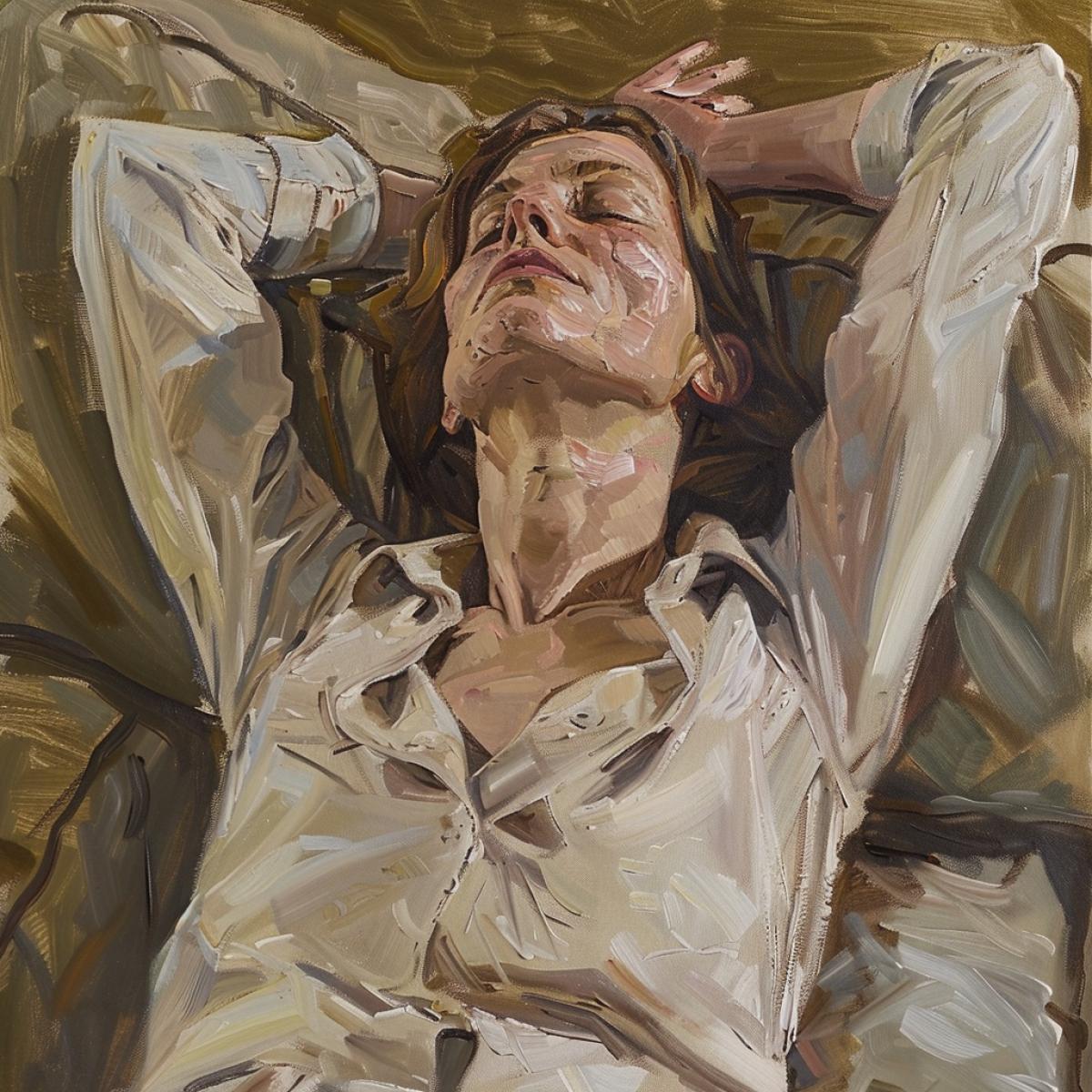 Tired woman after work in the style of Lucian Freud