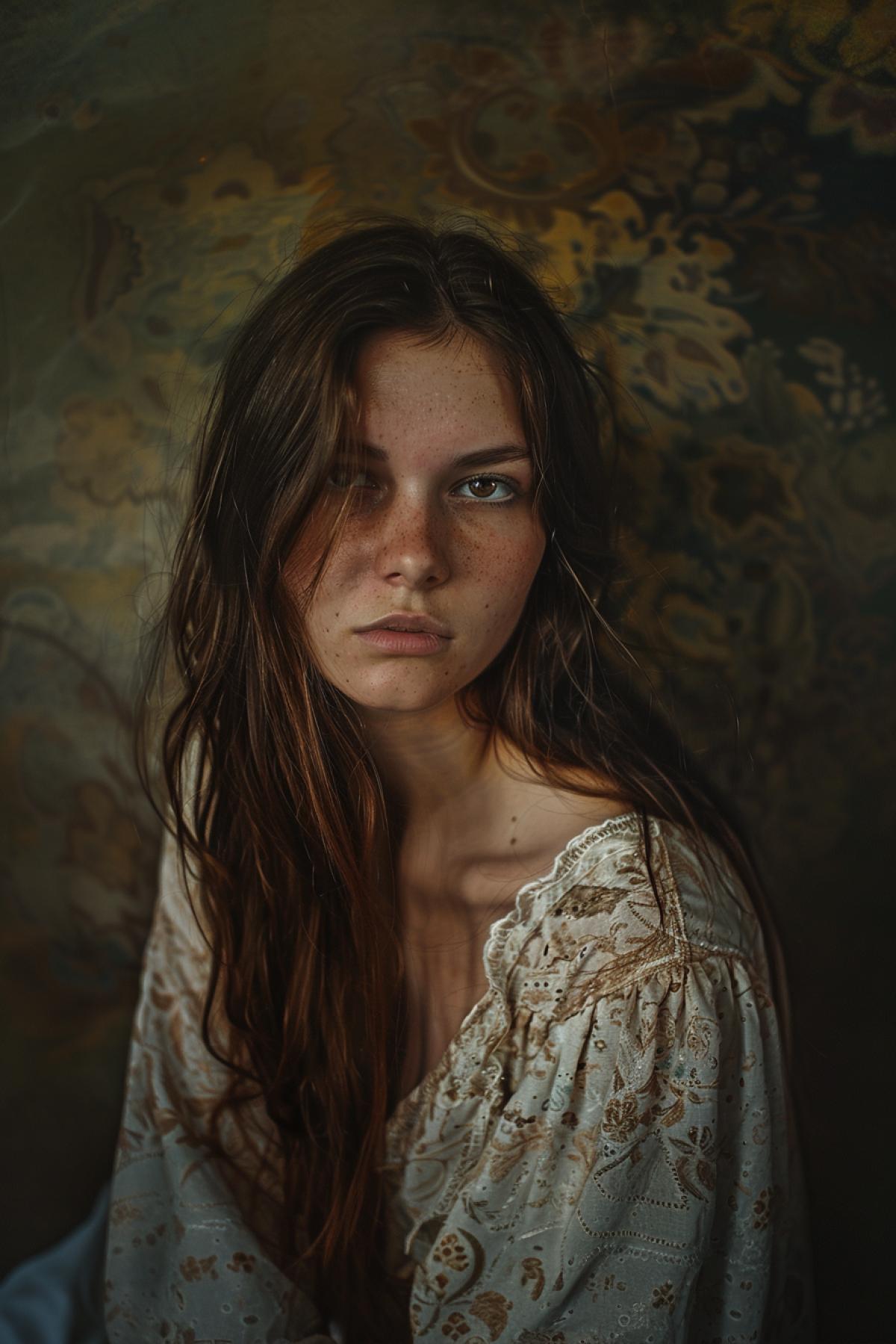 Wenwendi from the Adams family, portrait, gloss, flicker, parallel world, good photo quality, In the style of Lucian Freud