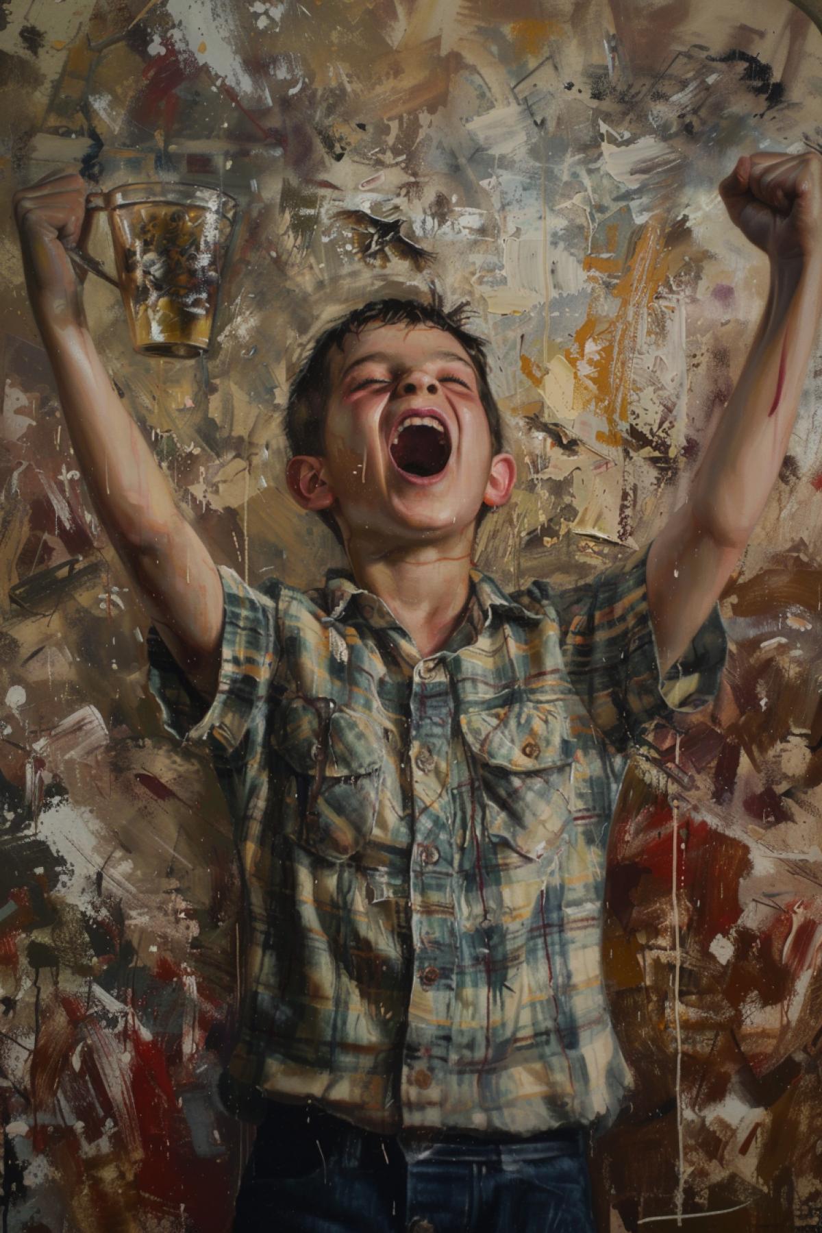 A child celebrates a victory, a sports cup in his hand, joy, emphasis on detail, in the style of Lucian Freud