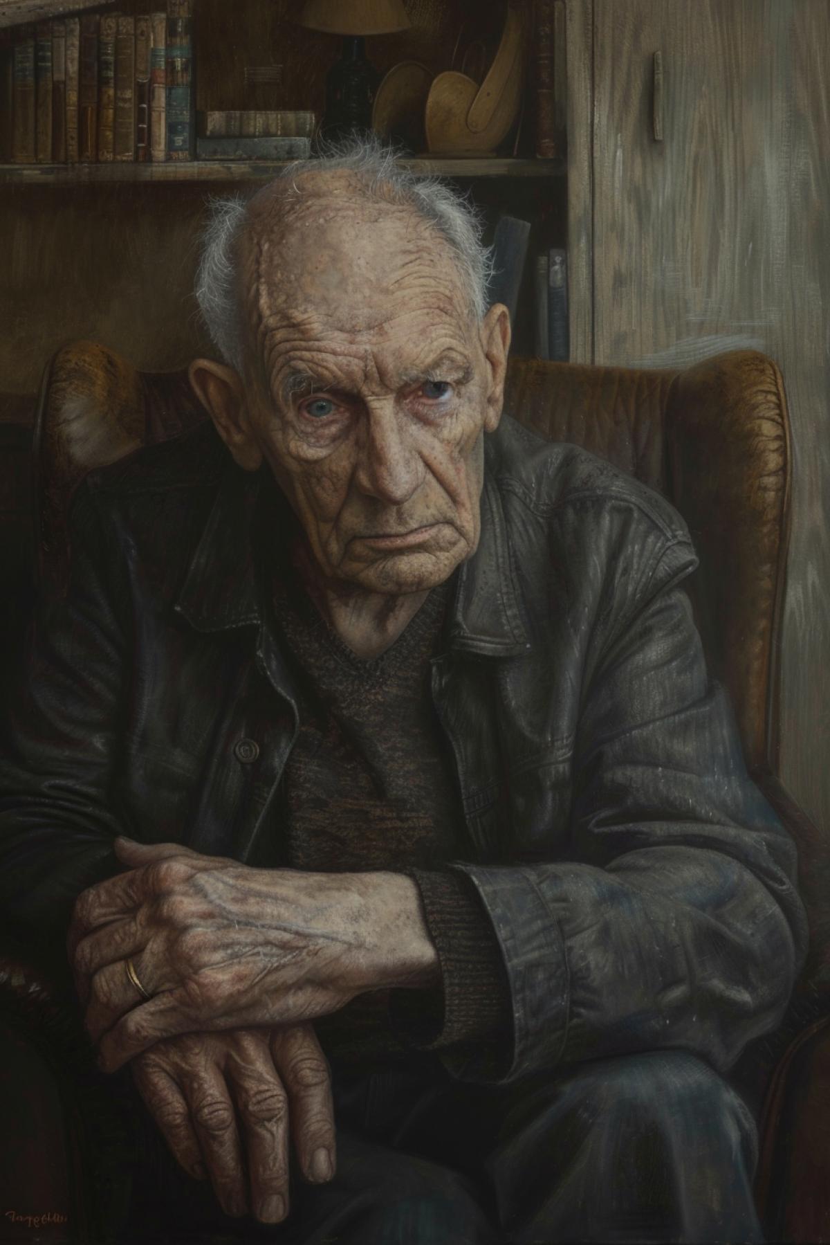 A highly detailed portrait of an elderly man, inspired by Lucian Freud’s style. The man sits in a worn, leather armchair in a dimly lit room, his expression introspective and weary. Deep lines and wrinkles are meticulously rendered, capturing the texture of his aged skin. The background features muted colors, with subtle details like a bookcase and an old lamp. The com4k focuses on the mans face and hands, highlighting his life’s experiences and emotions.