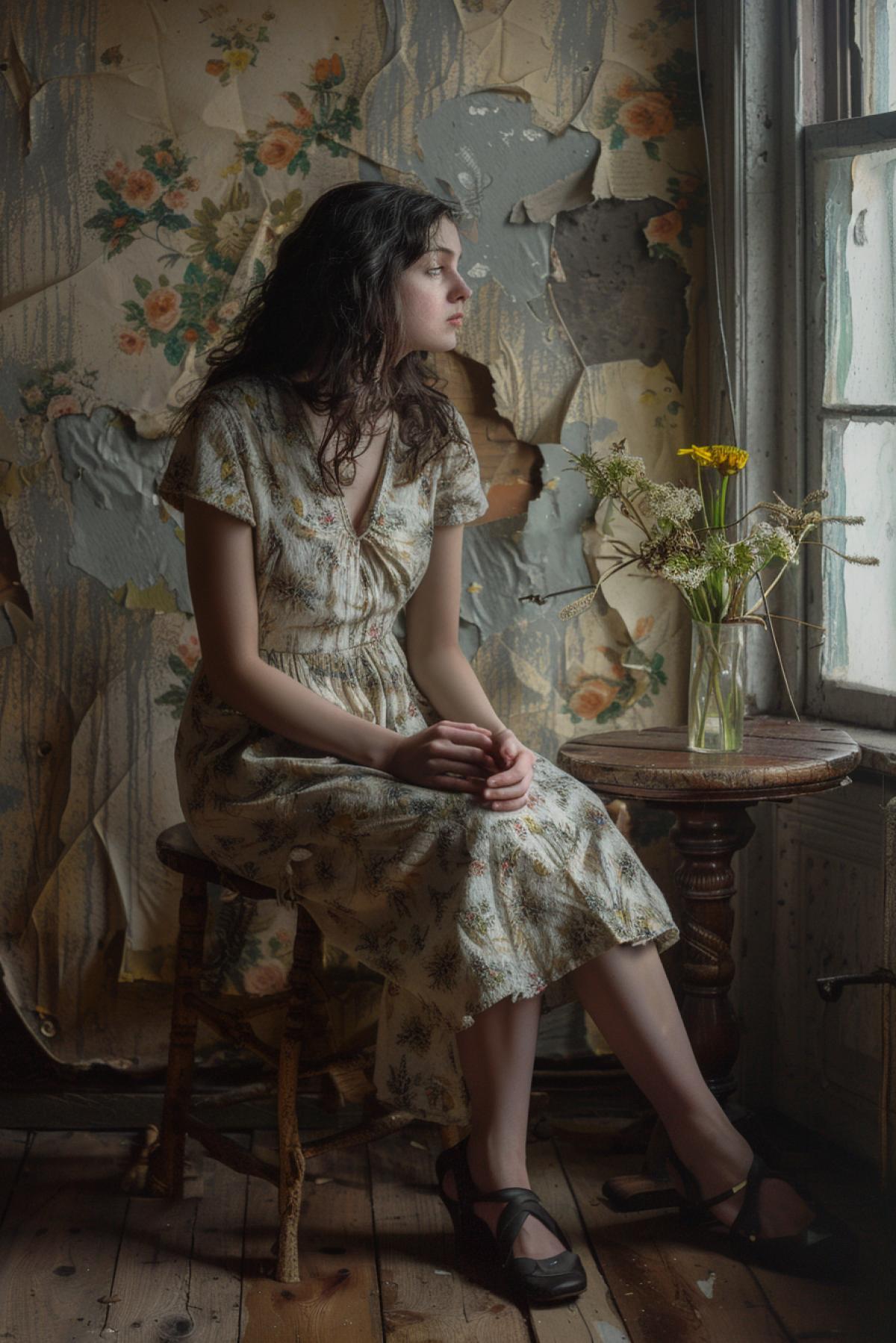 An 4k interior scene depicting a woman sitting by a window, inspired by Lucian Freud’s technique. The woman, dressed in a simple dress, looks out pensively, her face illuminated by natural light. The room is detailed with peeling wallpaper, a wooden floor, and a small table with a vase of wilted flowers. The textures of the woman’s hair, the fabric of her dress, and the aged surfaces of the room are intricately painted, capturing a moment of quiet contemplation.