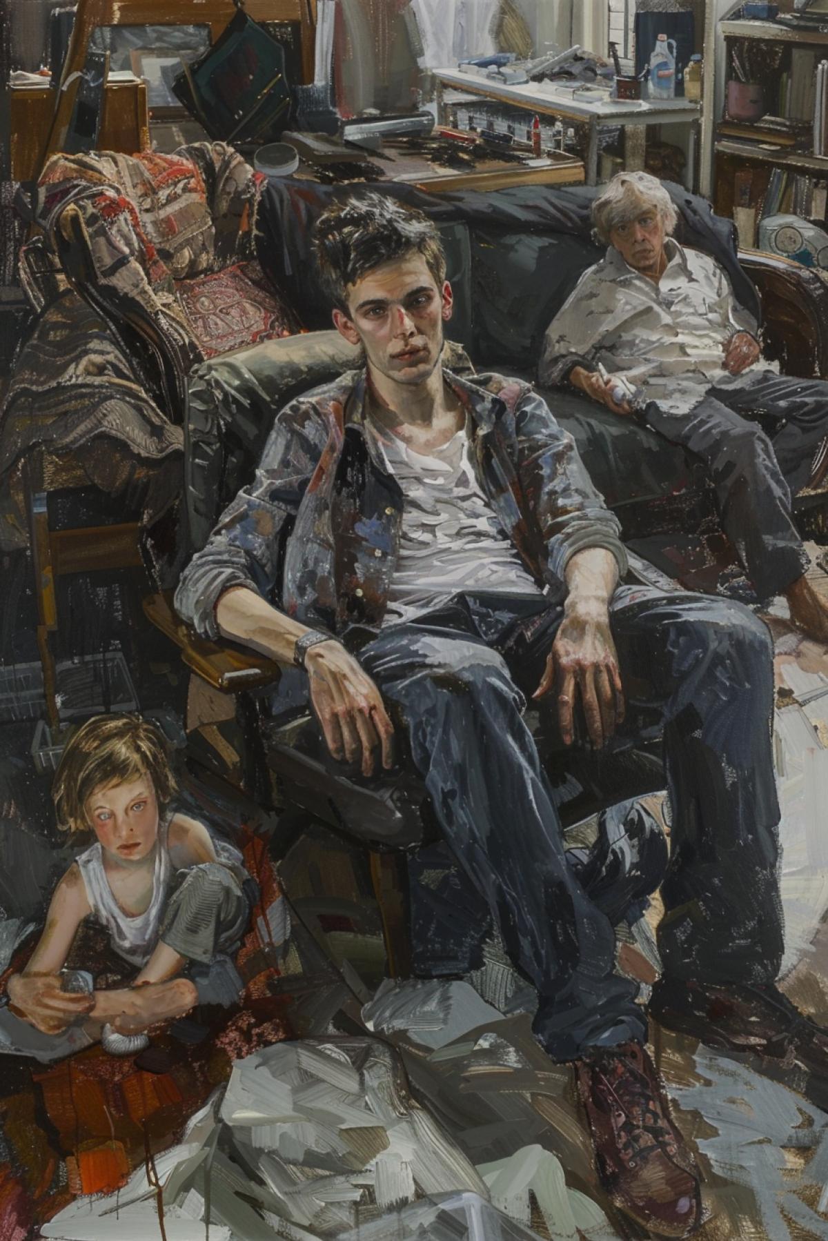 A complex group portrait in a cluttered artist’s studio, influenced by Lucian Freud’s rich textural style. Three figures are present: a young man reclining on a couch, an older woman knitting in a chair, and a child playing on the floor. The room is filled with art supplies, unfinished canvases, and personal objects. Each figure’s clothing and skin are painted with meticulous detail, highlighting their individual emotions and relationships. The overall com4k conveys a sense of lived-in reality and psychological depth.