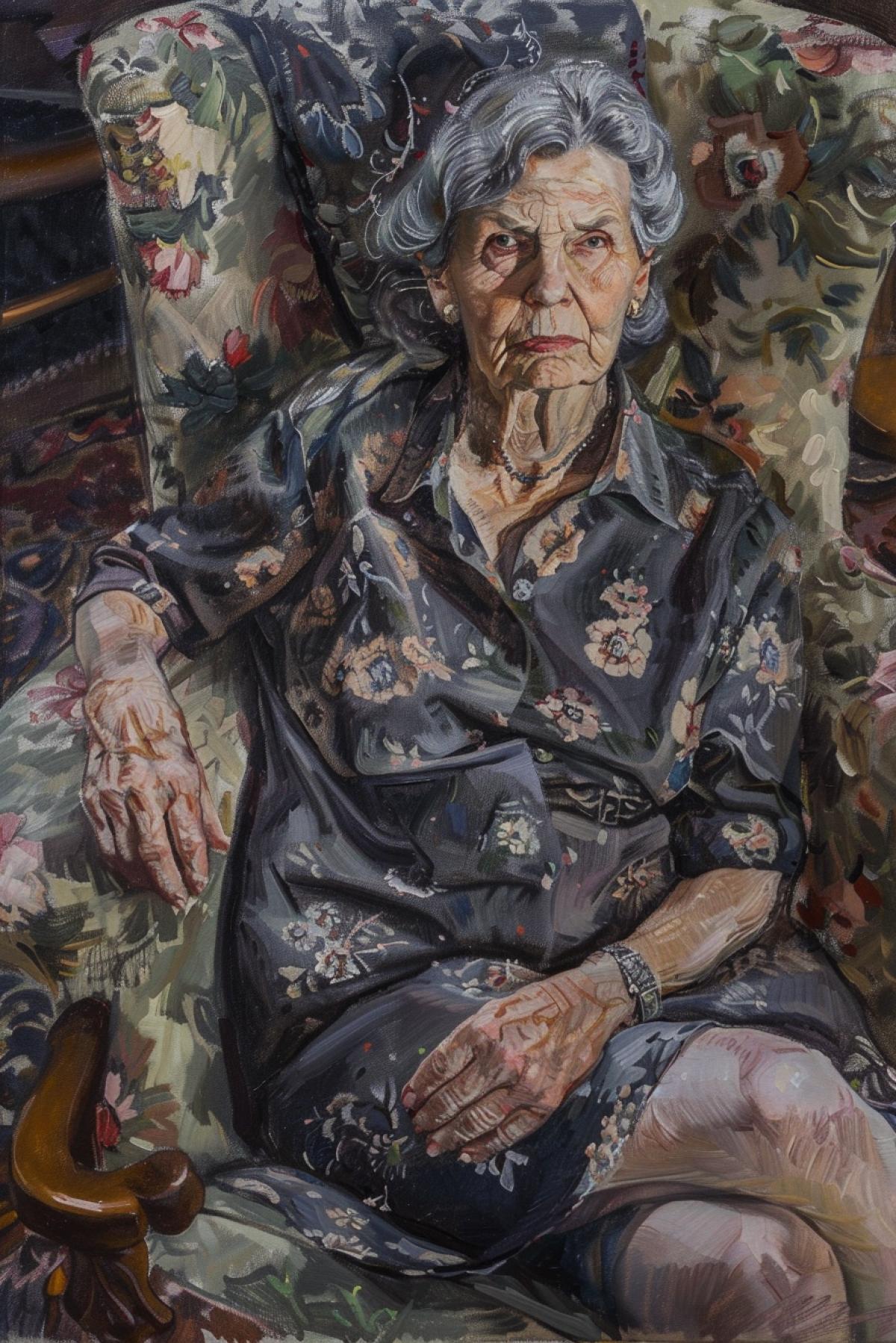 A striking portrait of a middle-aged woman seated in an old, upholstered chair, inspired by Lucian Freud’s signature style. The woman’s gaze is intense and thoughtful, with every wrinkle and contour of her face rendered in exquisite detail. Her hands rest on her lap, their veins and texture vividly captured. The background is a modest, dimly lit room with a worn rug and a small table holding an empty teacup. The textures of her clothing, the chair’s fabric, and the room’s objects are painted with incredible realism, creating a profound sense of psychological depth and introspection.