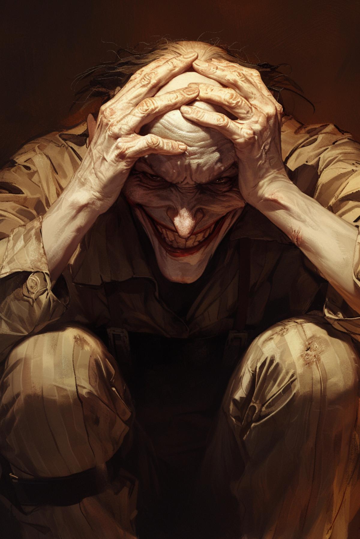 Joker, mentally ill patient , straitjacket, crazy smile, Joker DC comic, rabid cold stare, white eyes, dark room, gloom and darkness, a dark room, a play of light and shadow , by Lucian Freud, highly detailed, packed with hidden details, style, high dynamic range, hyper realistic, realistic attention to detail, highly detailed, 32K, intense close ups, uhd image, realism, colorful realism