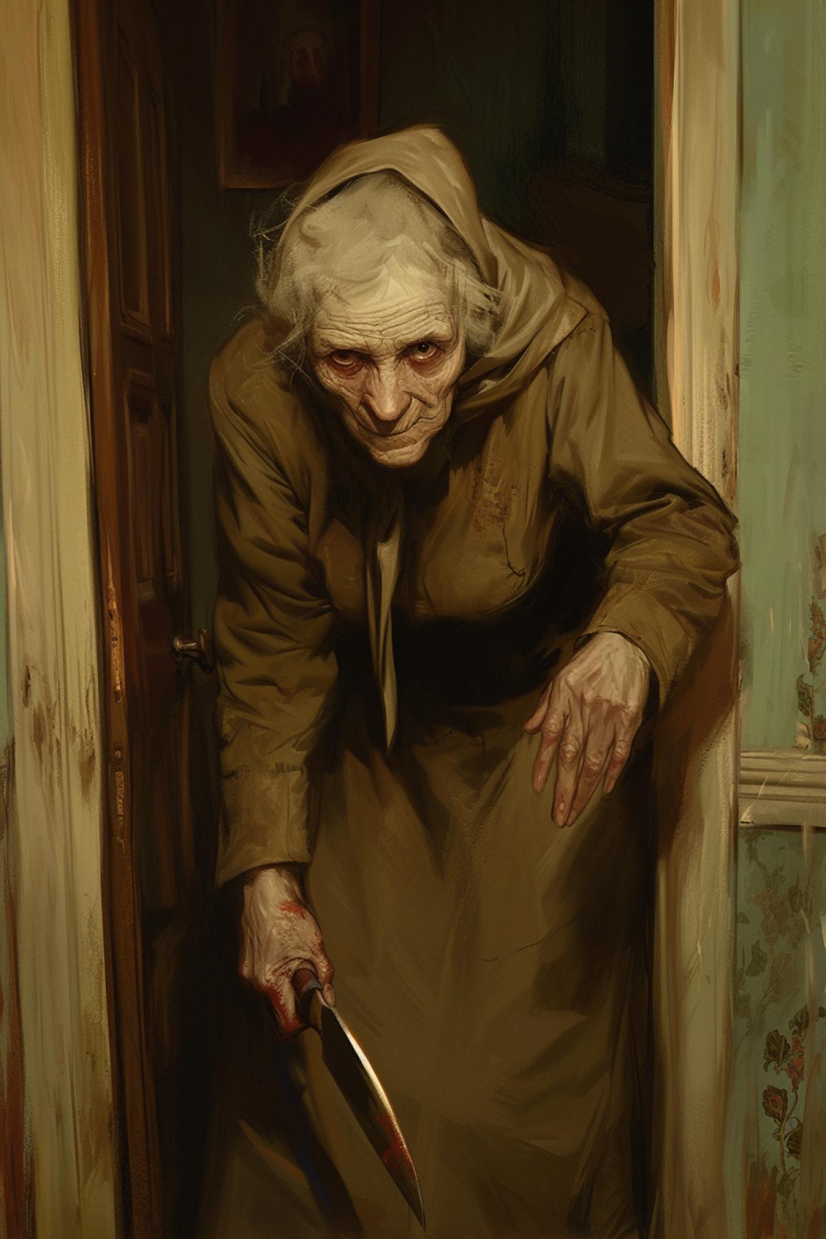 old woman, old look, in old robe, tired and frightened look, kitchen knife in hand, standing in doorway , crazy look, white eyes, Soviet apartment surroundings, dark gloomy room, light from corridor, horror style , by Lucian Freud, highly detailed, packed with hidden details, style, high dynamic range, hyper realistic, realistic attention to detail, highly detailed, 32K, intense close ups, uhd image, realism, colorful realism