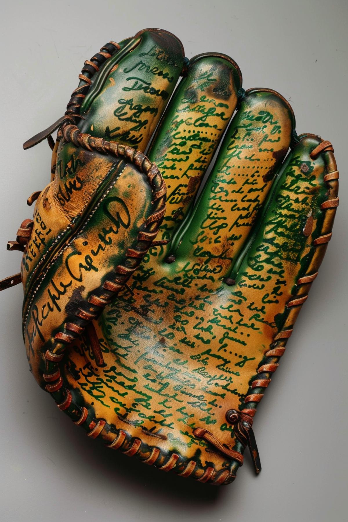Left-handed baseball glove covered with green ink inscriptions written all over Allie covered the glove with poems written in green ink so that he would have something to read when things got boring in the baseball field. This mitt is not a catchers mitt; it is a fielders glove. 