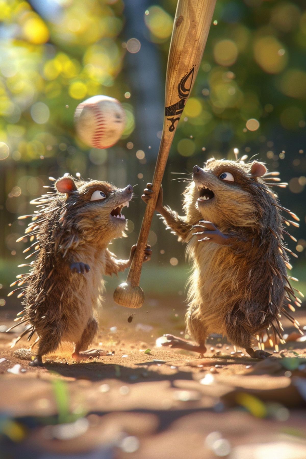 Hedgehogs playing baseball game ironic Pixar 3d illustration dynamic rush