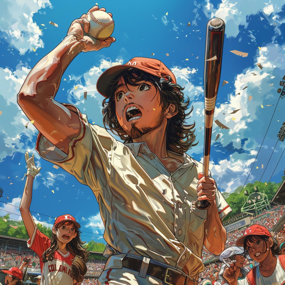 A dynamic baseball-themed illustration featuring a baseball field under a bright, sunny sky. The field is filled with excited spectators wearing team jerseys. In the foreground, the pitcher is in a wind-up 4k, his face determined and focused. The batter, with his bat poised, is ready to strike. In the background, a rambunctious cheerleader wears an eye-catching outfit and leads chants. The overall atmosphere captures the excitement and energy of a thrilling baseball game.