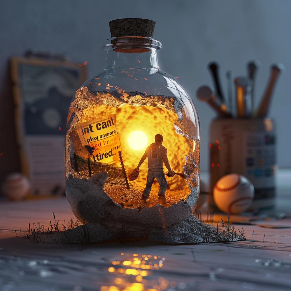 A mesmerizing 3D rendering of a photograph showing a miniature world enclosed inside a thick glass bottle, with intricate reflections. A small human figure plays baseball, creating the illusion of depth and detail. In the background, several baseball swords can be seen underground, and a large poster reads, \"I cant play anymore, Im tired.\" The warm, inviting glow of a miniature sun-like lamp floods the stage with a soft golden light, emphasizing the exquisite craftsmanship of the scene. The pure gray background and dirtfully designed lighting transport the viewer into this captivating, magical and microcosmic world, poster