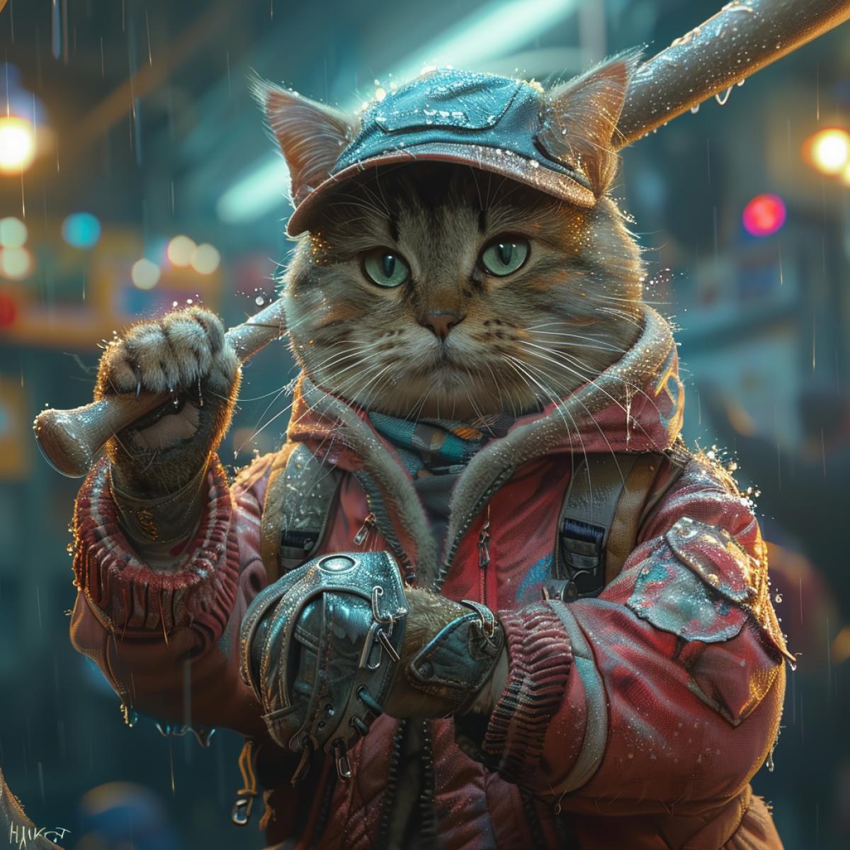 A whimsical image by Hanns Katz featuring a feline baseball player in a stylish uniform with a bat in front of him. The cat with mesmerizing green eyes 4ks proudly on a ledge showing off his unique outfit. The futuristic baseball field behind him is illuminated by bright neon lights, creating a striking contrast to the cats uniform.