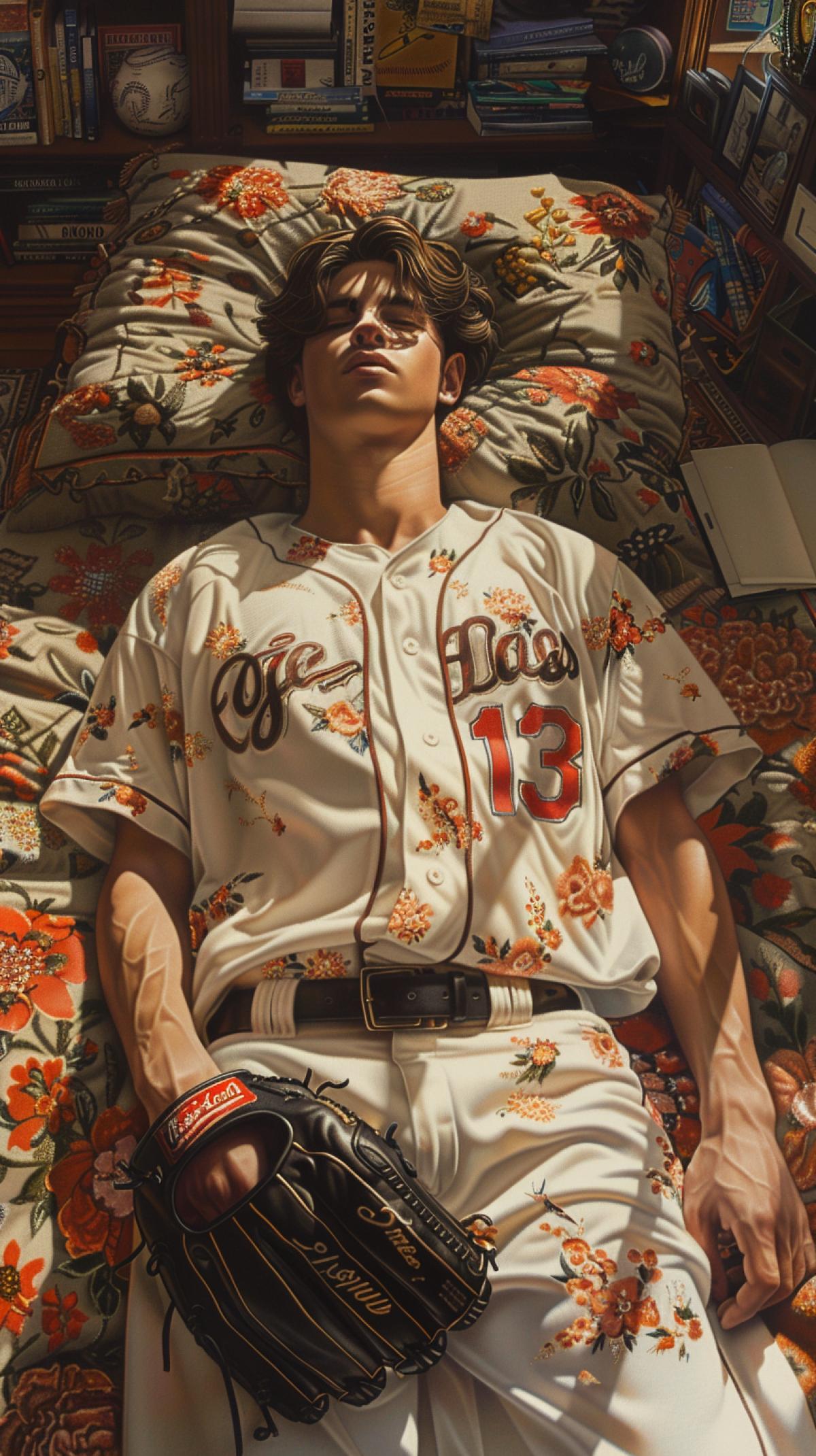 Captivating acrylic painting depicting a baseball player lying on a plush vintage floral rug in a cozy bedroom. The baseball player is wearing a uniform with the number 13 on it, and his gaze is fixed on the glove with the ball in his hand. The room is decorated with various baseball publications and books, creating a curious atmosphere. The overall color palette is dark and muted, with subtle strokes that give the painting a delicate and almost dreamy feel.