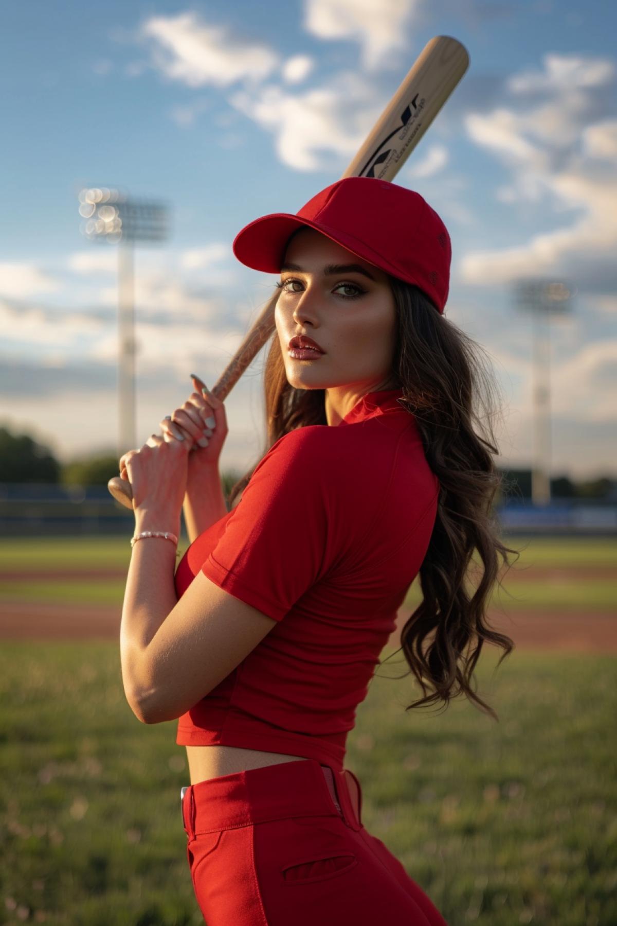 a photo of a pretty woman dressed in red with red baseball cap on holding a baseball bat at home plate with the background of the field of dreams