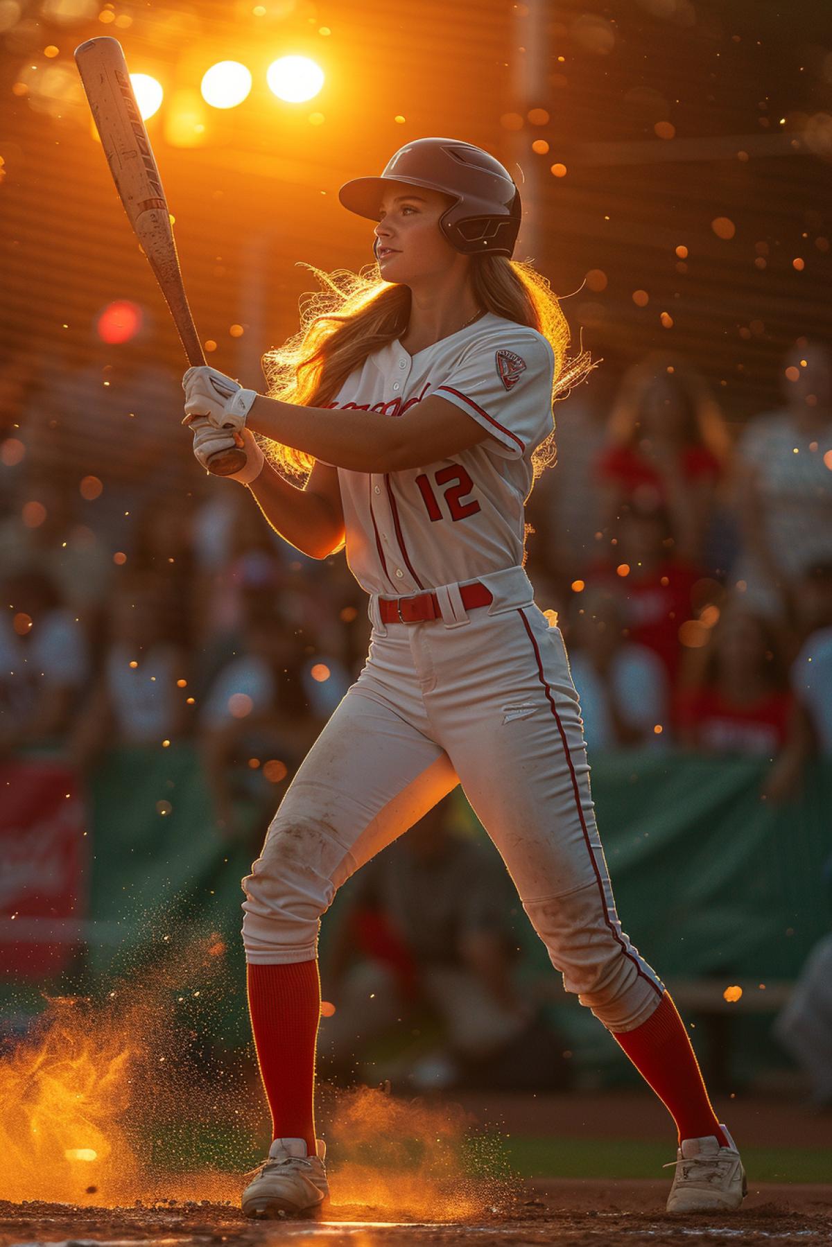 a female baseball athlete batting, full body, country western Texas, ESPN dramatic lighting