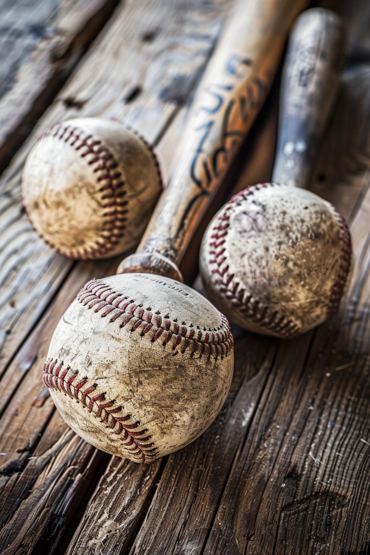A baseball bat and two baseballs, beautiful professional photography