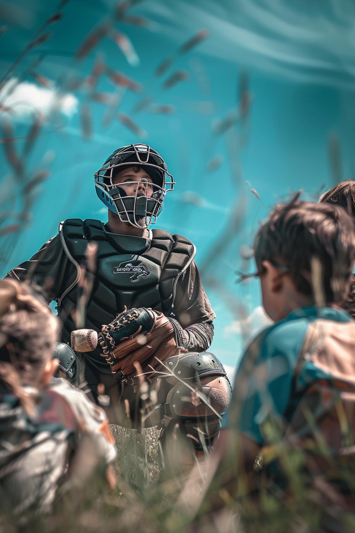 On the edge of abyss in field of rye 20-year-old baseball catcher wearing the catchers mitt epic 4k catching surrounded by several cute little children dynamic photo tension rush dynamics low view from abyss