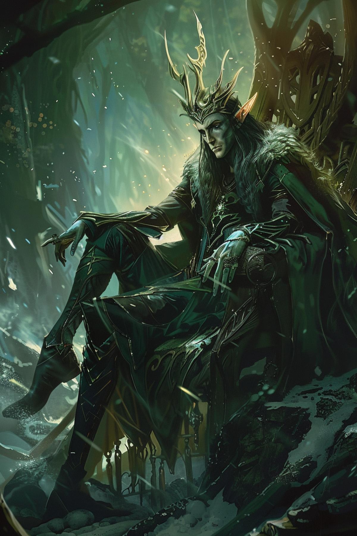 The king of the elves on the throne, which looks majestic and at the same time graceful