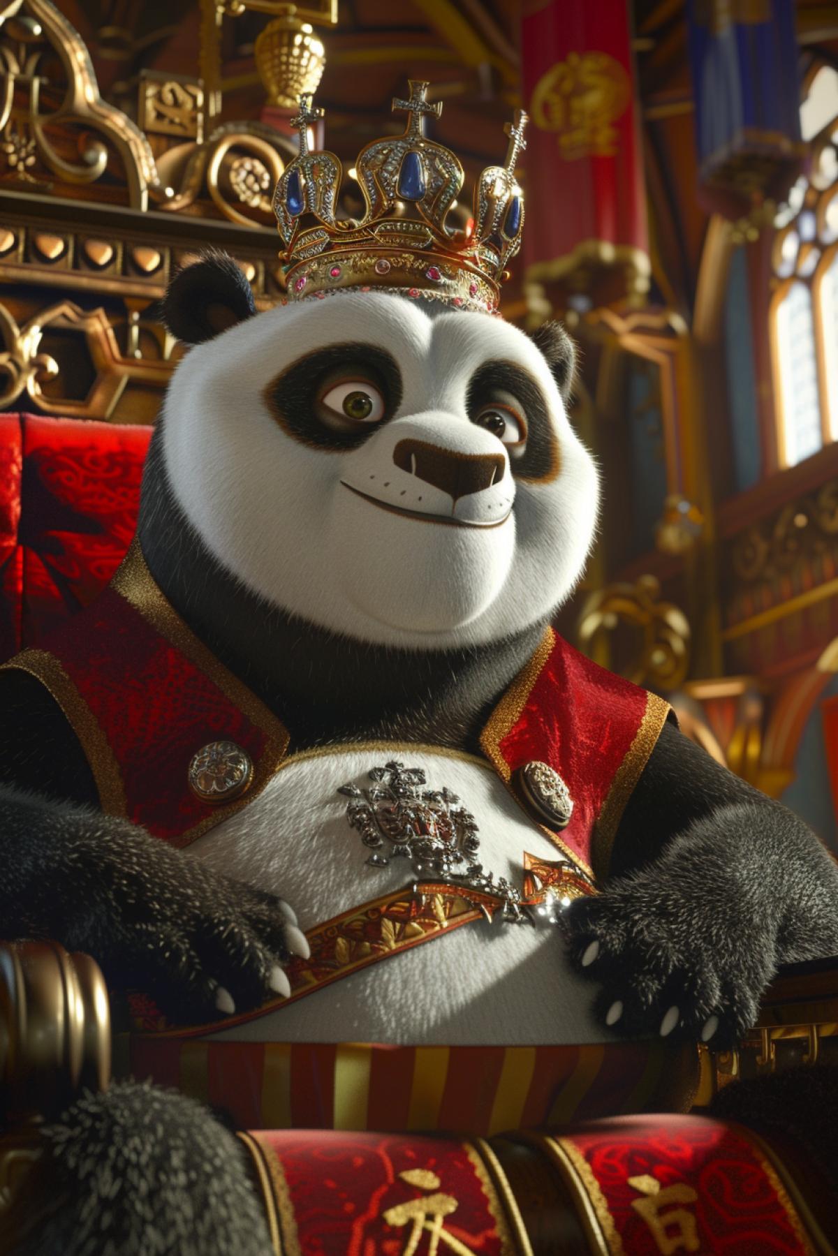A fat, lazy panda, wearing a crown and red velvet robe, sits on a golden royal throne. 3d cartoon. Funny.