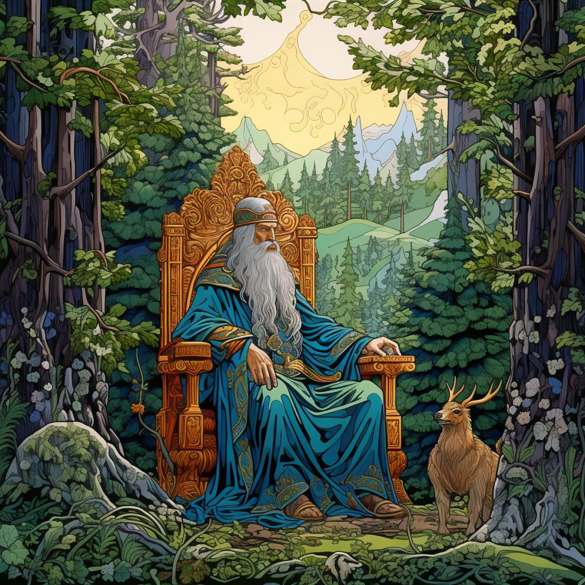 Forest lord on a throne in the forest in the style of Bilibin