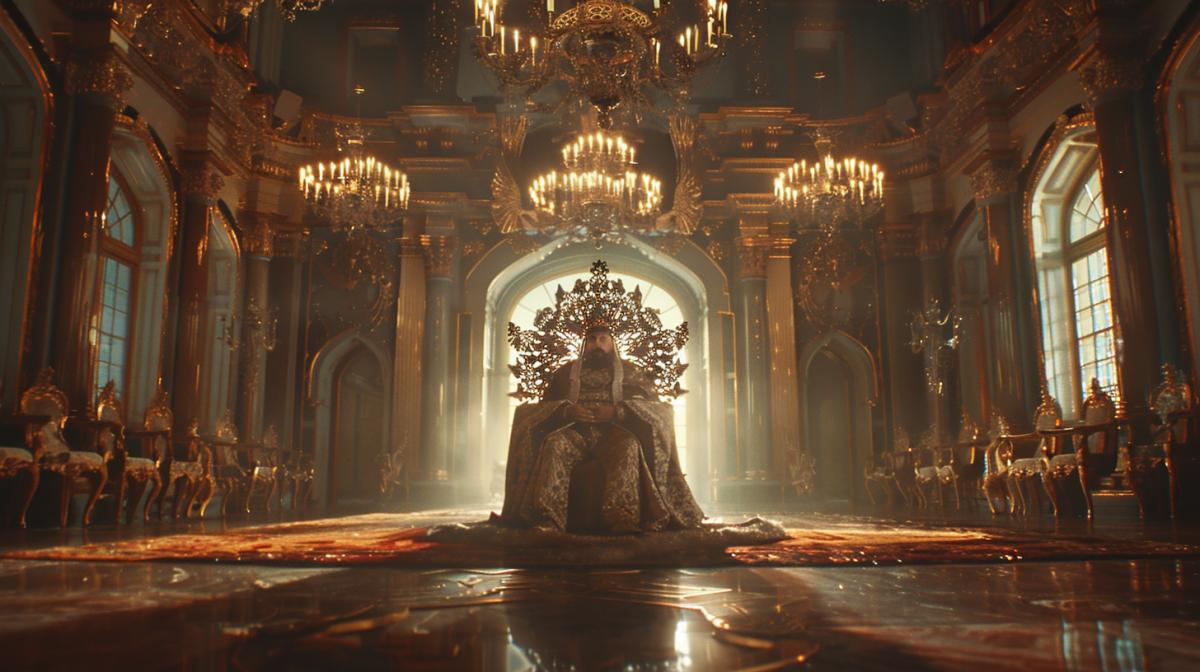 King in crown on throne epic 4k throne room in Russian style, high quality, maximum details, soft light