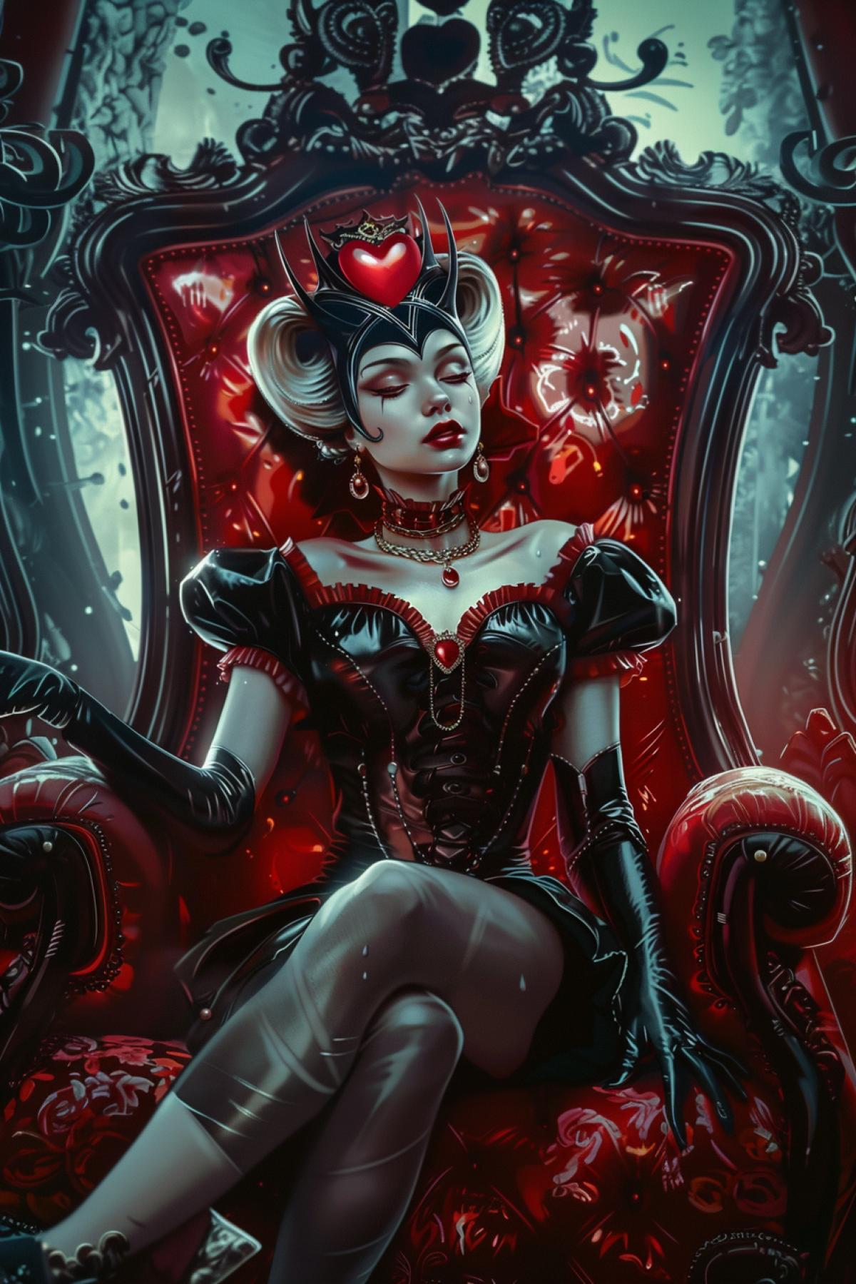 Queen of Hearts on the throne, Alice in Wonderland style, gloss, parallel world, pride