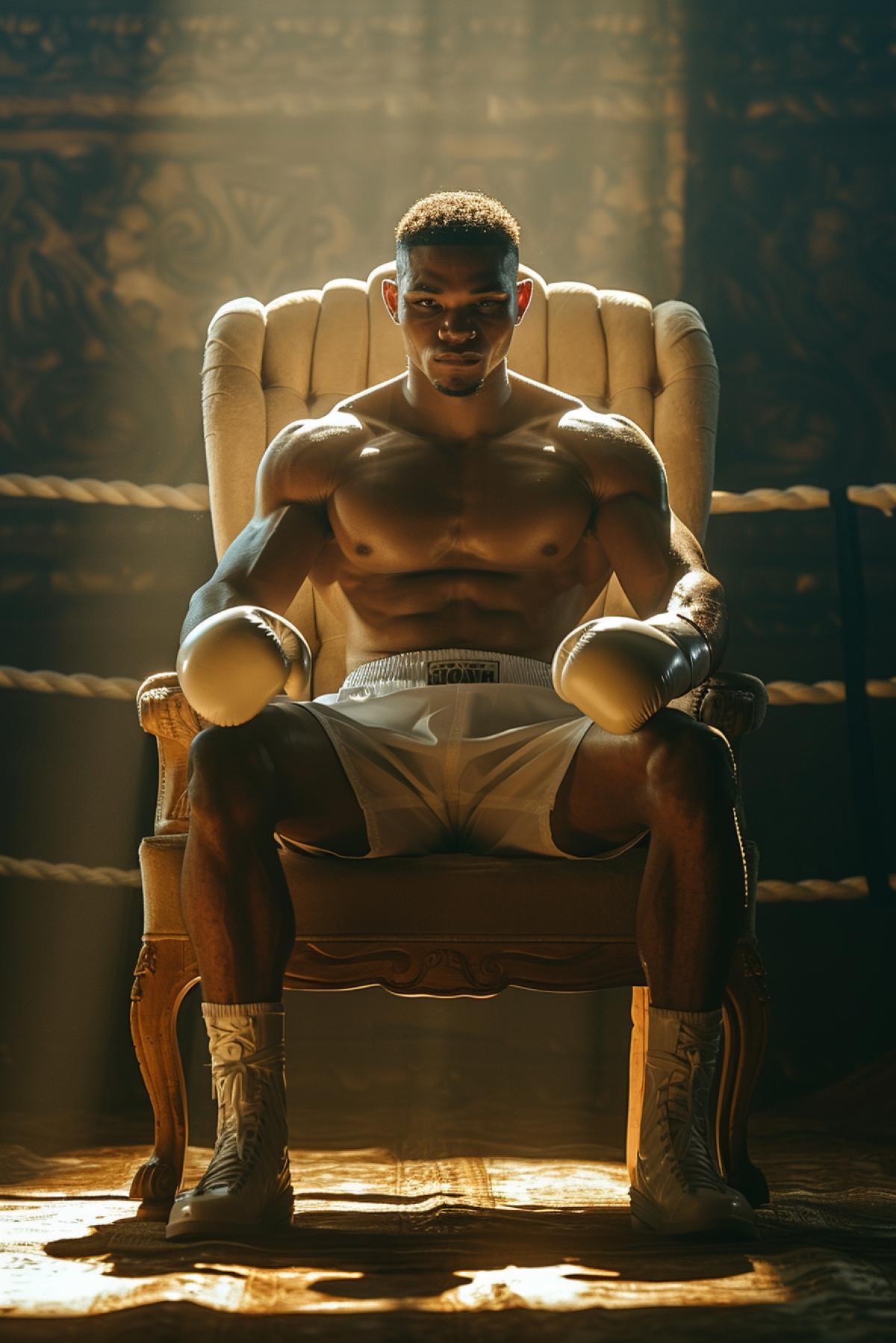 cool Male boxer sitting on a throne, the sun is shining from his eyes, arrogance, pride, slight aggression, three-dimensional photography