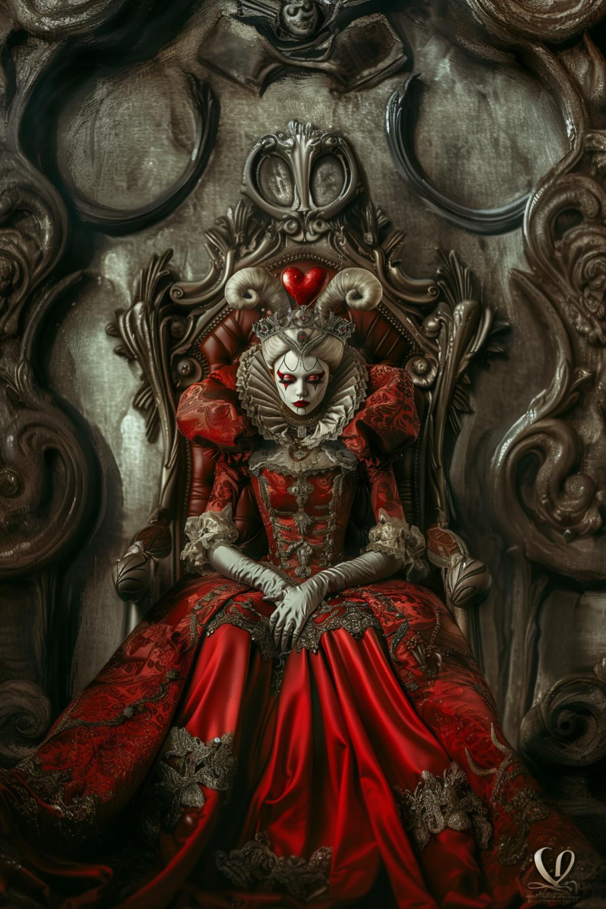 Queen of Hearts on the throne, Alice in Wonderland style, glossy, three-dimensional photography
