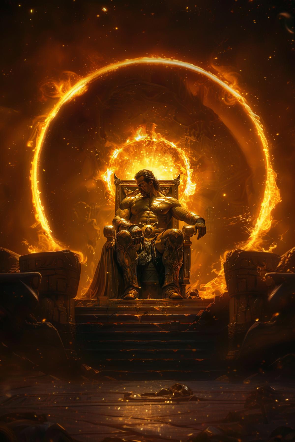 A powerful man sits on a golden throne, strength, power, arrogance, a powerful sun in the background, power, parallel world