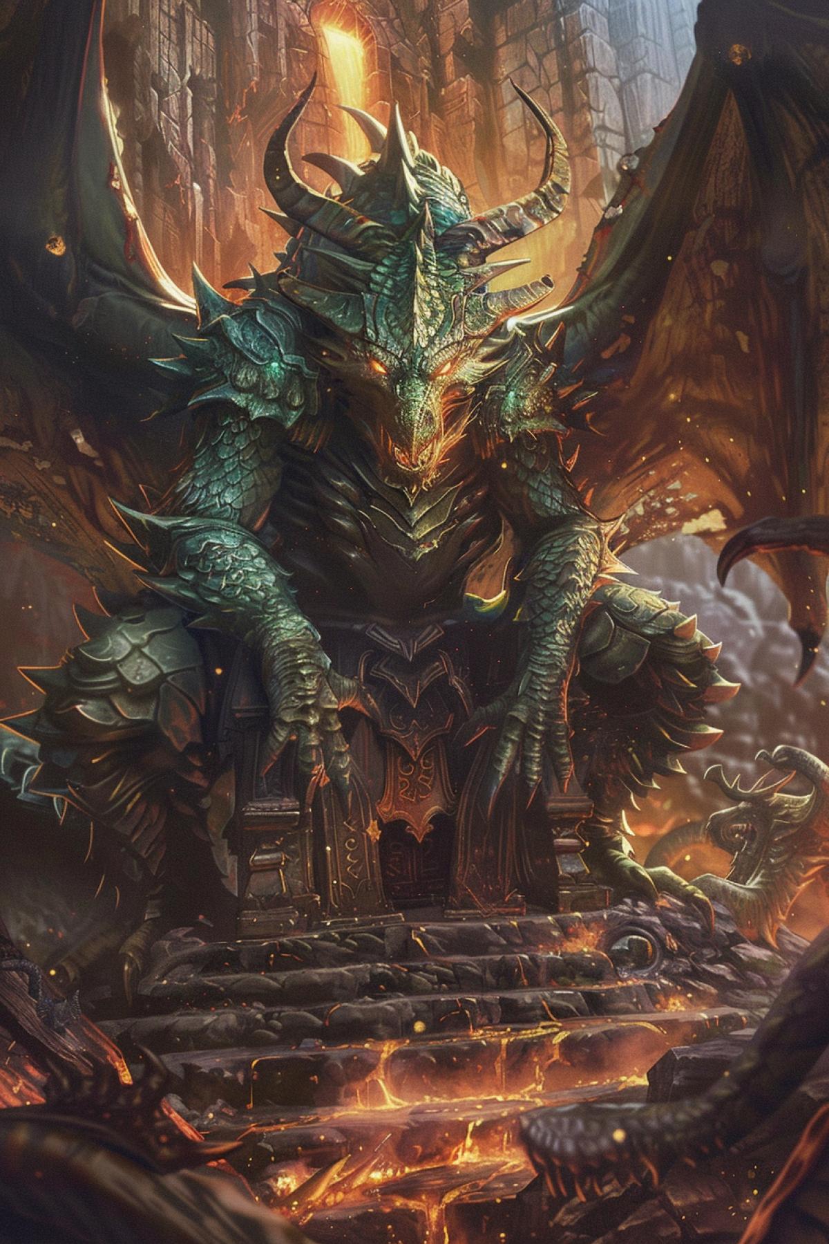 A towering dragon king, scales shimmering in hues of emerald and gold, seated on a throne of ancient, charred bones and precious gems. The dragon’s eyes glow with a fierce intelligence as he surveys his cavernous throne room, lit by rivers of molten lava. Surrounding him are loyal drake guards and enchanted artifacts. The atmosphere is intense and otherworldly, filled with the raw power and ancient wisdom of this mythical ruler.
