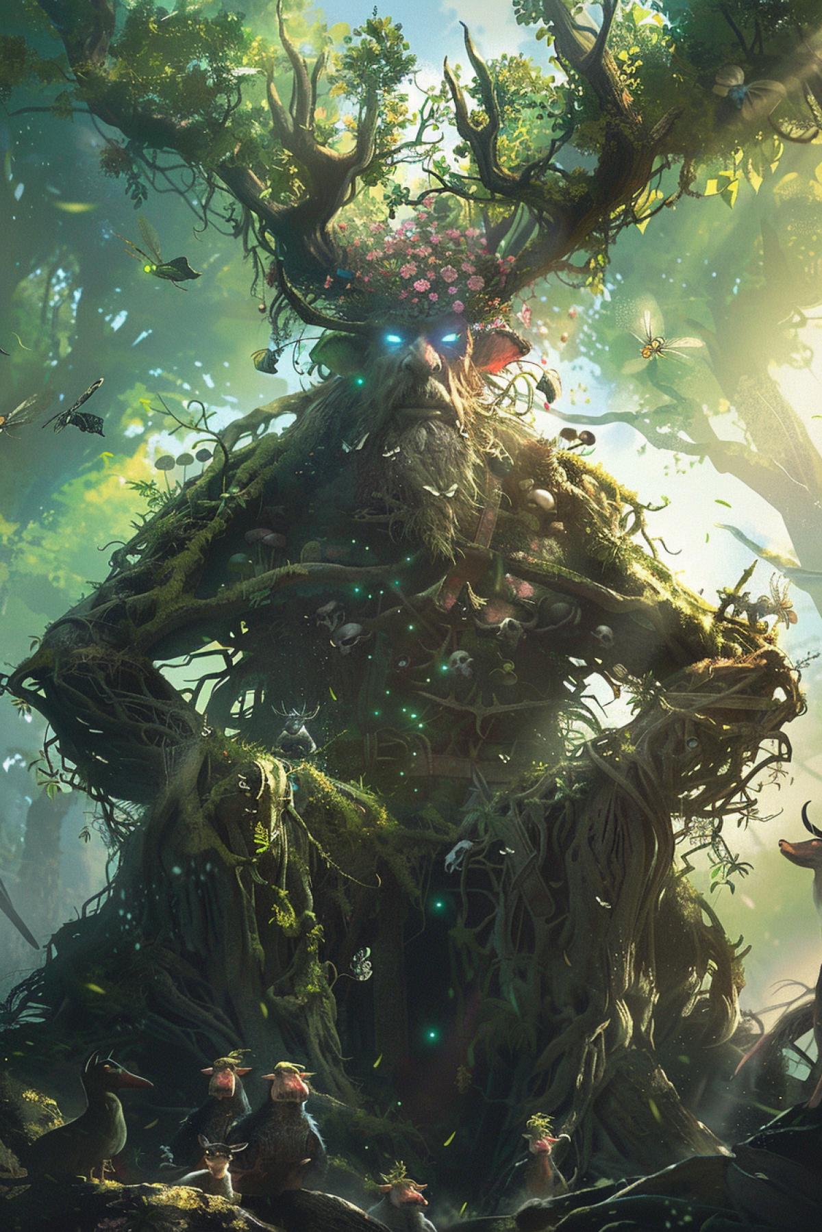 A colossal tree spirit king, his throne a living, intertwined mass of roots and vines, seated in the heart of an ancient forest. The king, with bark-like skin and a crown of blooming flowers, exudes an aura of natural wisdom and timeless strength. Forest creatures of all kinds gather around him, from majestic stags to tiny, glowing insects. The throne room is an open glade, with beams of sunlight breaking through the dense canopy, creating a serene yet powerful atmosphere of nature’s sovereignty.