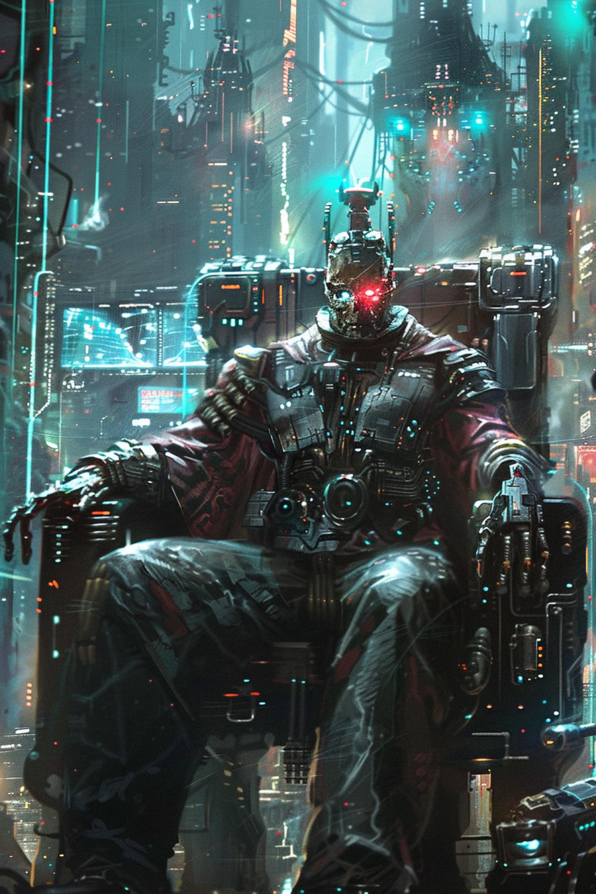 A cybernetic king, part human, part machine, seated on a throne of sleek metal and pulsating neon lights. His mechanical arm and glowing eyes reflect the advanced technology of his reign. The throne room is a high-tech command center, with holographic displays projecting data and robotic advisors attending to his every need. The backdrop is a sprawling metropolis of towering skyscrapers and flying vehicles, emphasizing the king’s control over a technologically advanced and heavily urbanized empire. The scene blends the cold efficiency of machinery with the authority of a sovereign ruler.