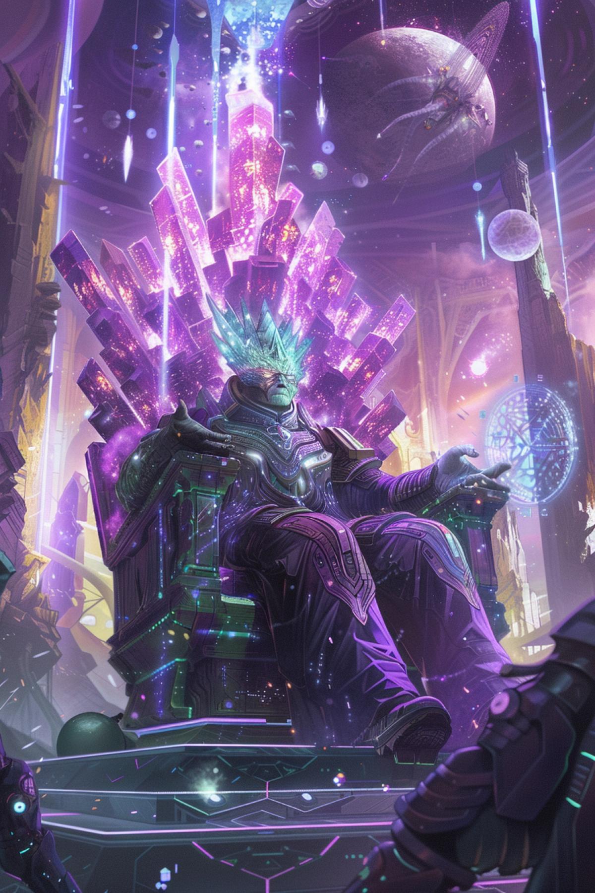 An alien monarch with an otherworldly presence, seated on a throne made of crystalline structures that emit a soft, pulsating light. The monarch, with iridescent skin and multi-faceted eyes, wears robes that seem to flow like liquid metal. Surrounding the throne are floating holograms displaying star maps and alien languages. Advisors of various extraterrestrial species stand in reverence, highlighting the unity of different worlds under this ruler’s command. The scene exudes a sense of futuristic dominance and interstellar grandeur.
